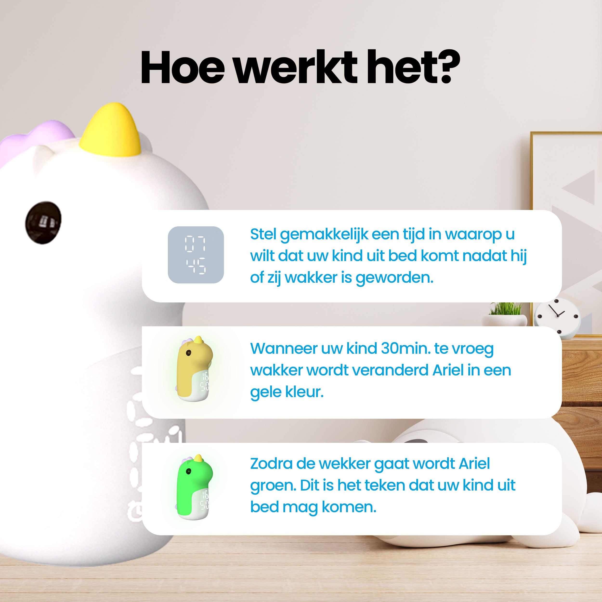 Ariel de eenhoorn - Slaaptrainer voor kinderen - Kinderwekker met Nachtlamp en Wekker - Wit