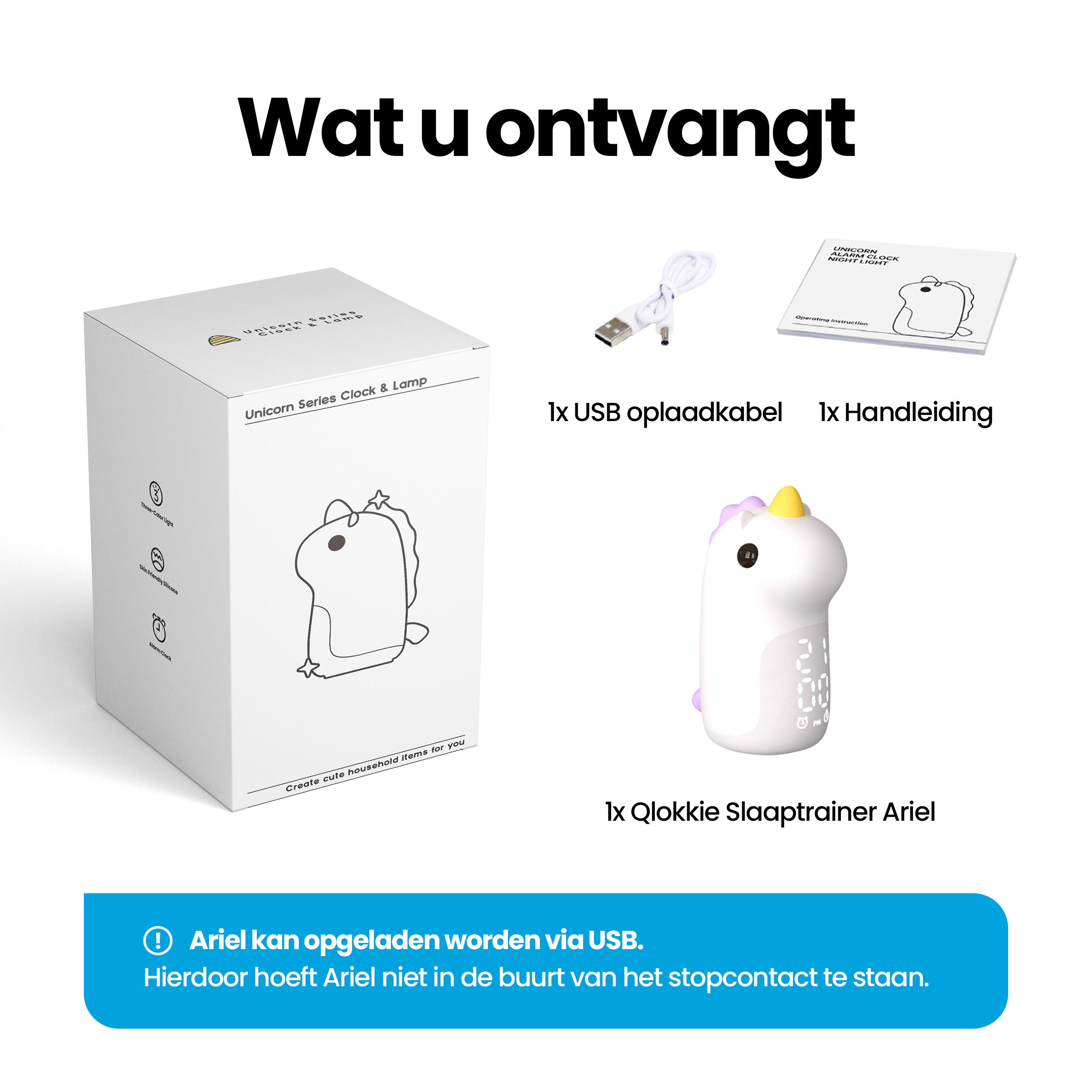 Ariel de eenhoorn - Slaaptrainer voor kinderen - Kinderwekker met Nachtlamp en Wekker - Wit