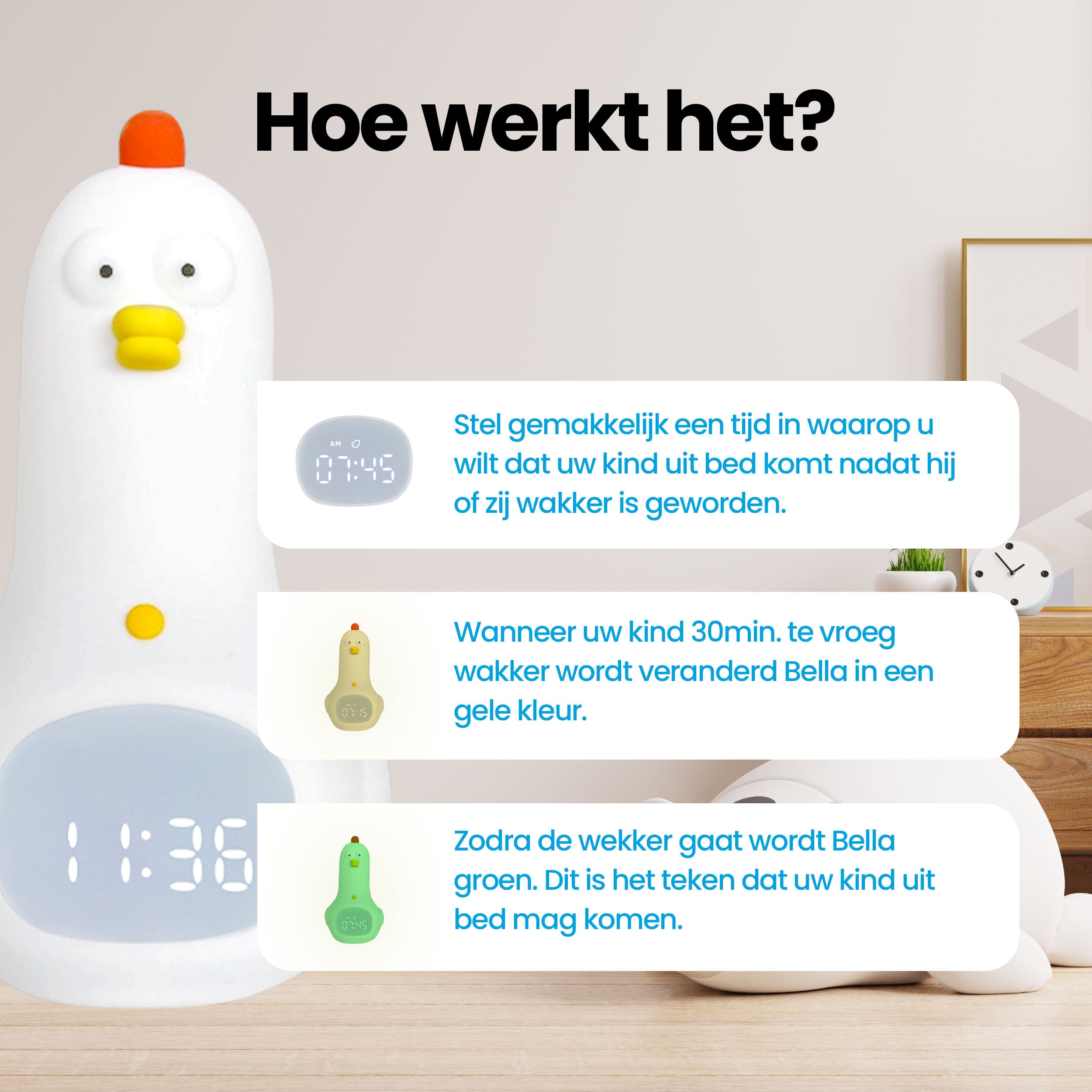 Bella de kip - Slaaptrainer voor kinderen - Kinderwekker met Nachtlamp en Wekker - Wit