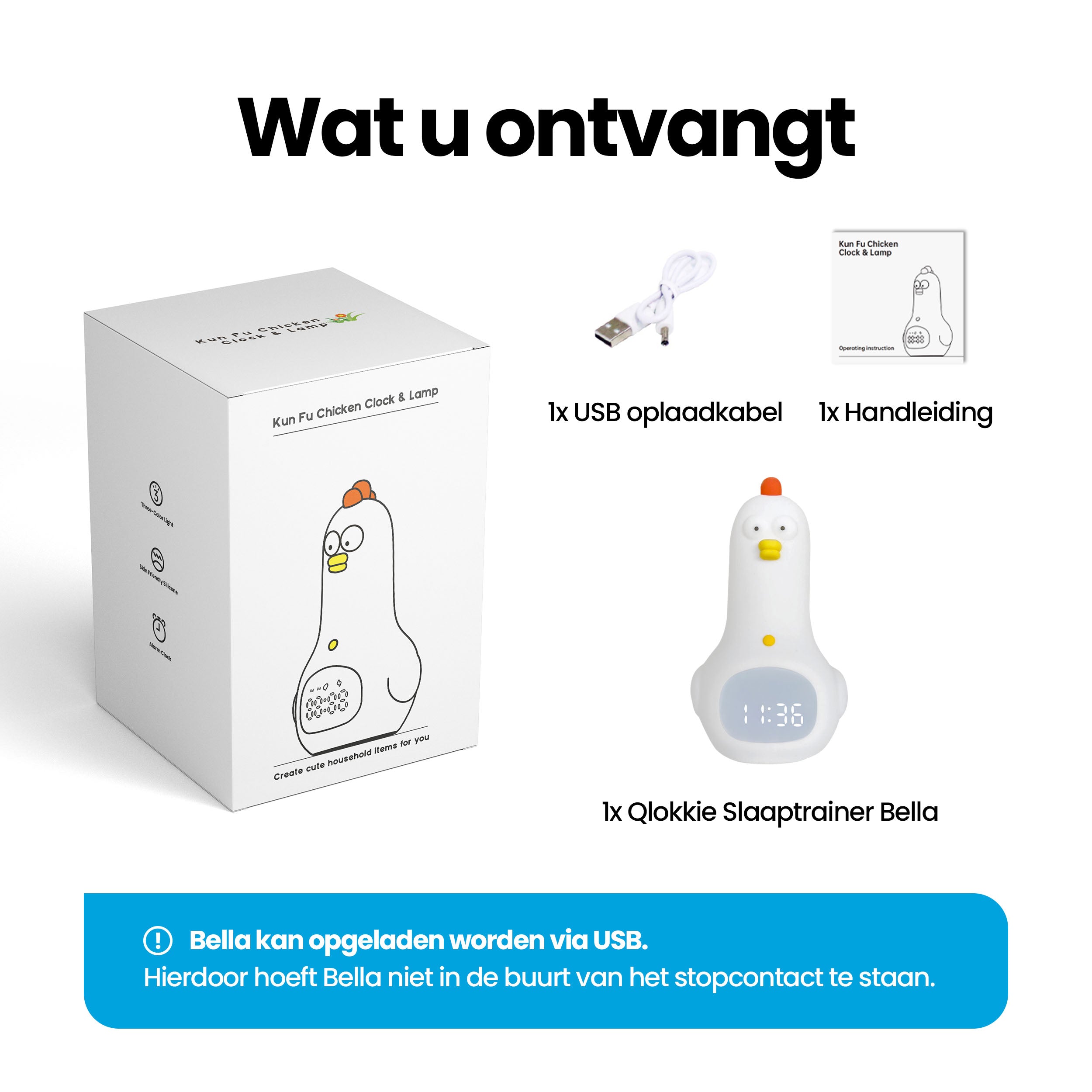 Bella de kip - Slaaptrainer voor kinderen - Kinderwekker met Nachtlamp en Wekker - Wit