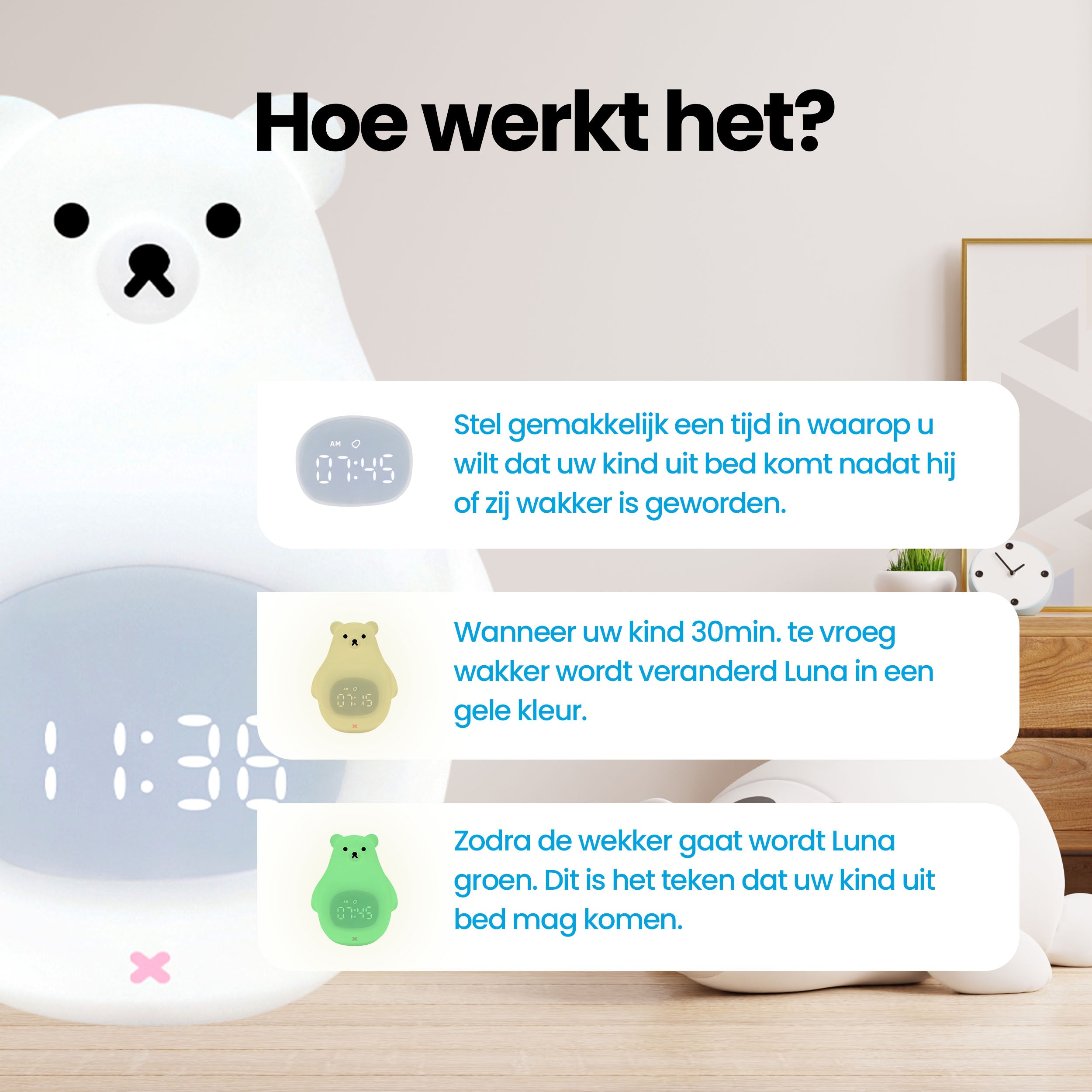 Luna de beer - Slaaptrainer voor kinderen - Kinderwekker met Nachtlamp en Wekker - Wit