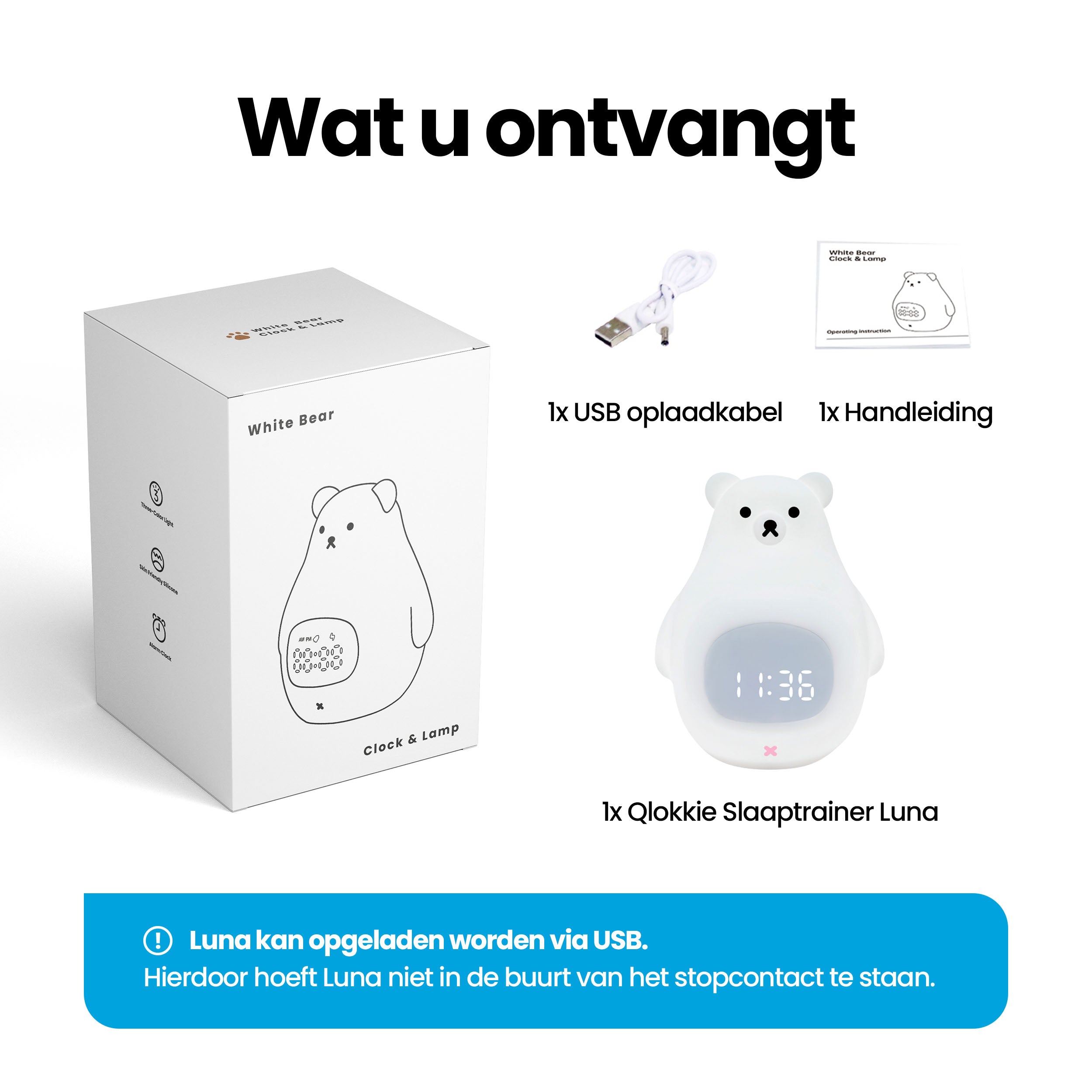 Luna de beer - Slaaptrainer voor kinderen - Kinderwekker met Nachtlamp en Wekker - Wit
