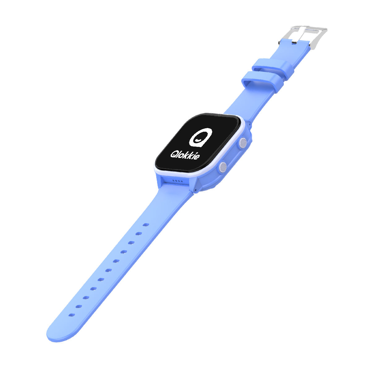 Zijaanzicht van Kiddo 23 blauw GPS horloge met open bandjes, display en twee knoppen, waaronder de SOS-knop.