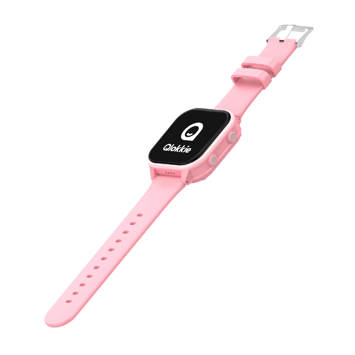 Zijaanzicht van Kiddo 23 roze GPS horloge met open bandjes, display en twee knoppen, waaronder de SOS-knop.