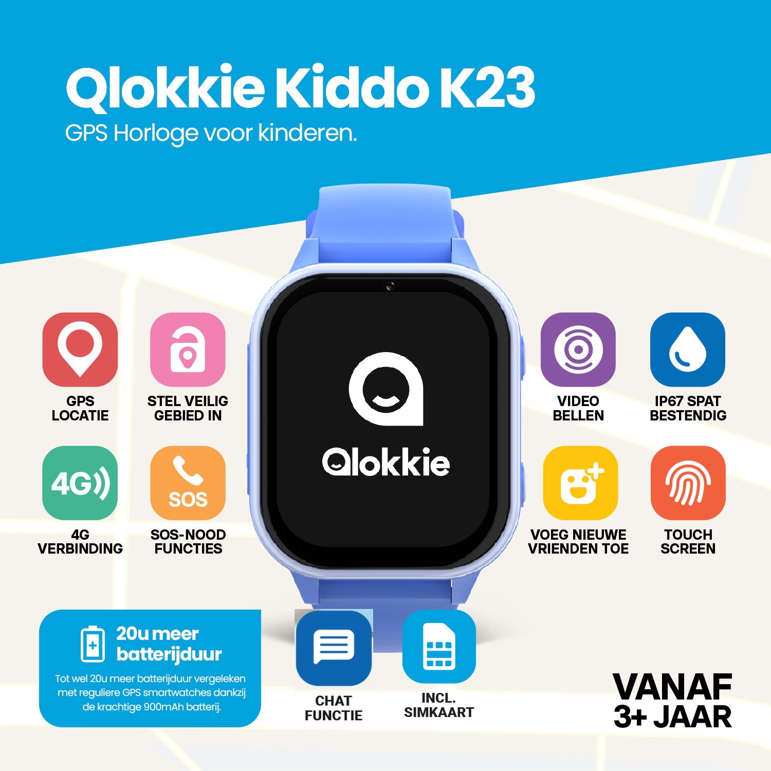 Qlokkie GPS Horloge Kind - Kiddo 23 - Whatsapp - Blauw