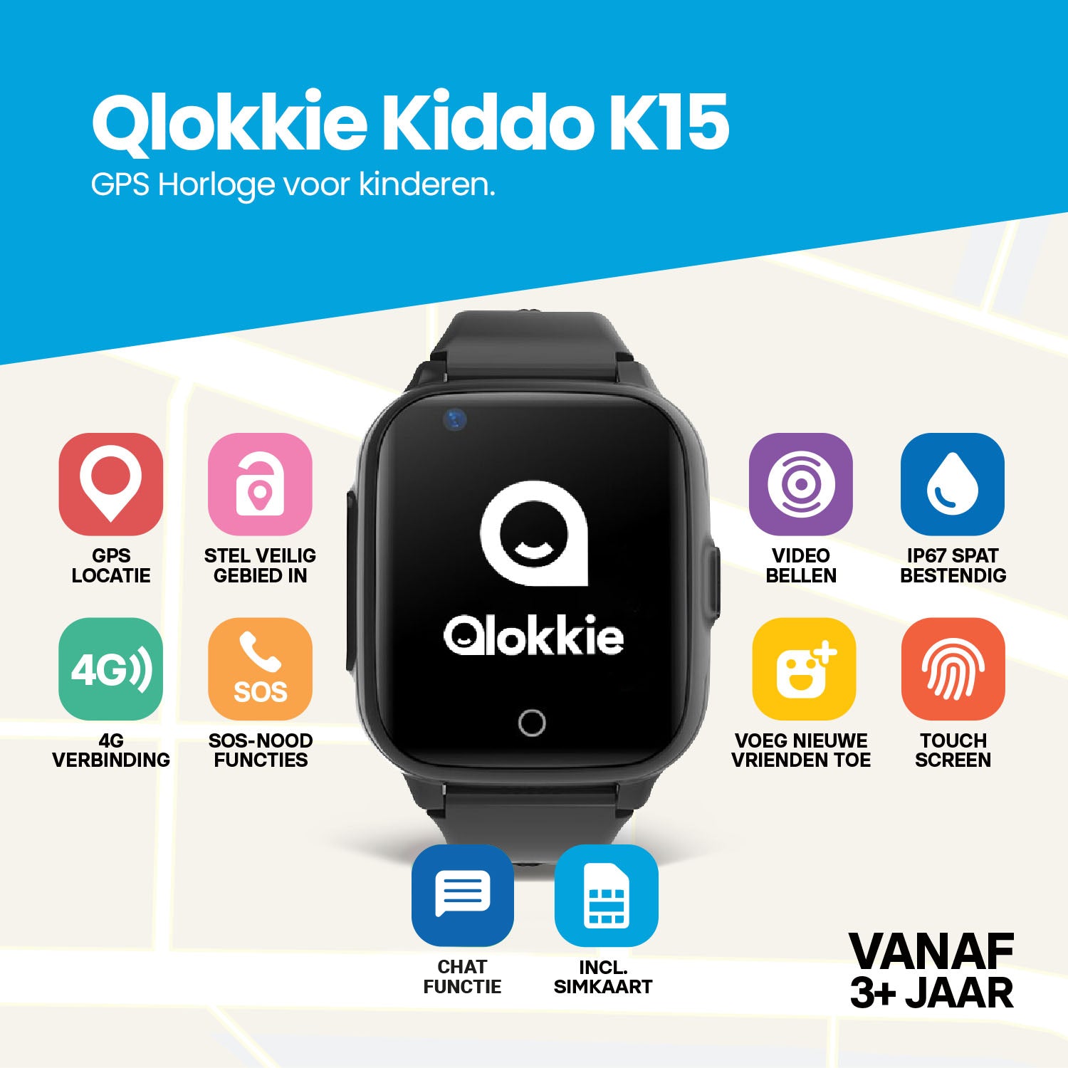 Qlokkie GPS Horloge Kind - Kiddo 15 - Zwart