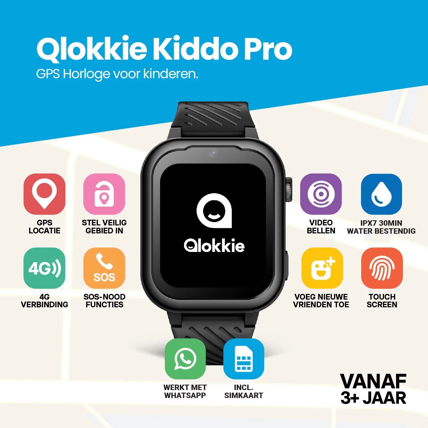Qlokkie GPS Horloge Kind - Kiddo Pro - Whatsapp - Zwart