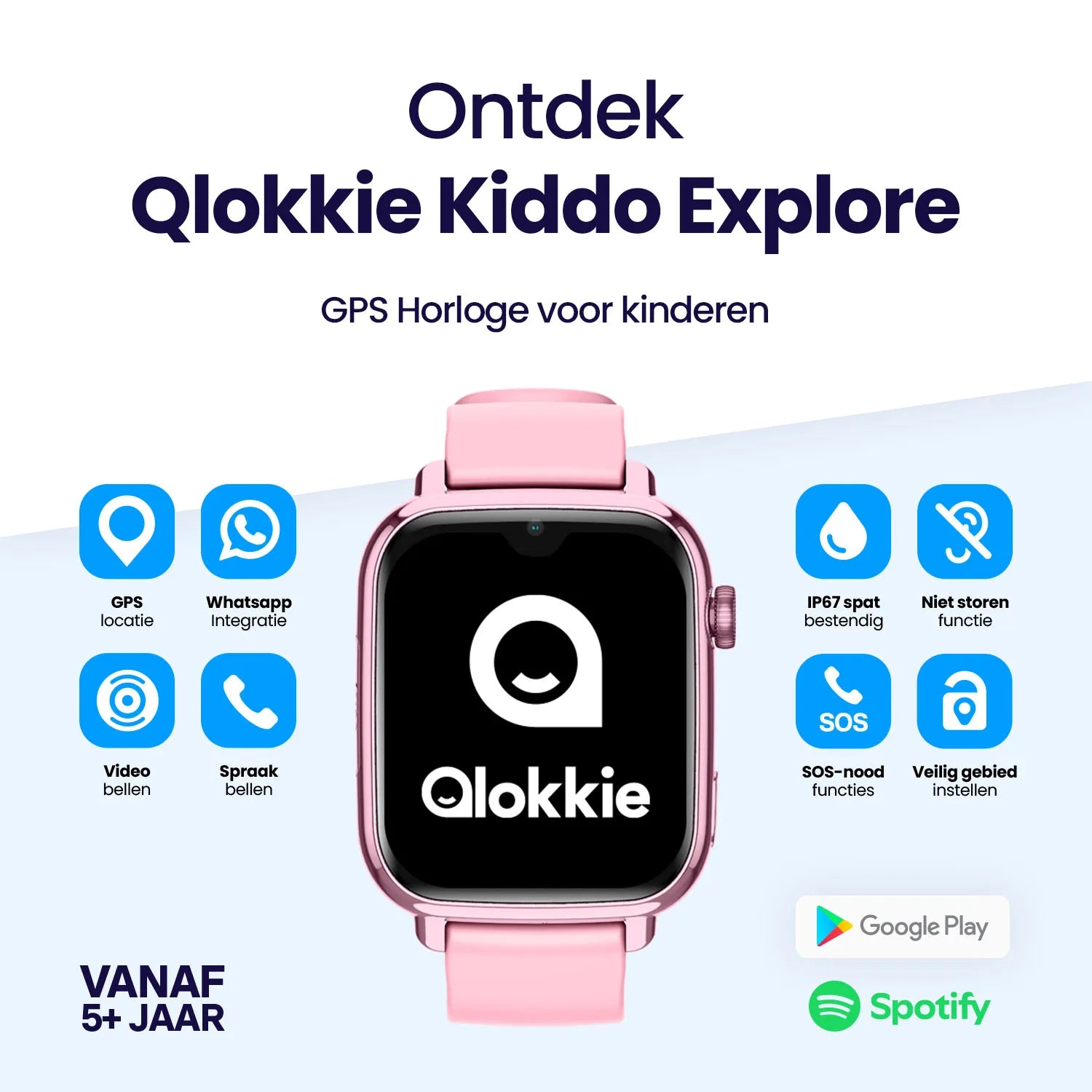 Qlokkie GPS Horloge Kind - Kiddo Explore - Whatsapp - Roze