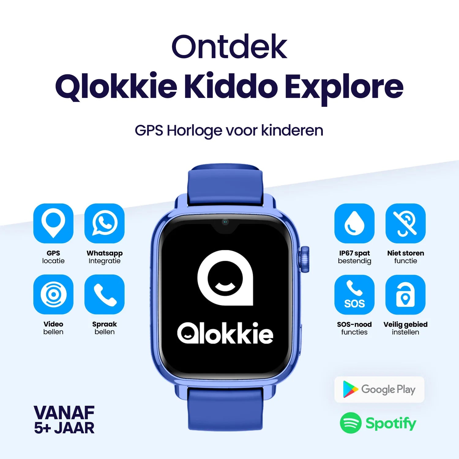 Qlokkie GPS Horloge Kind - Kiddo Explore - Whatsapp - Blauw