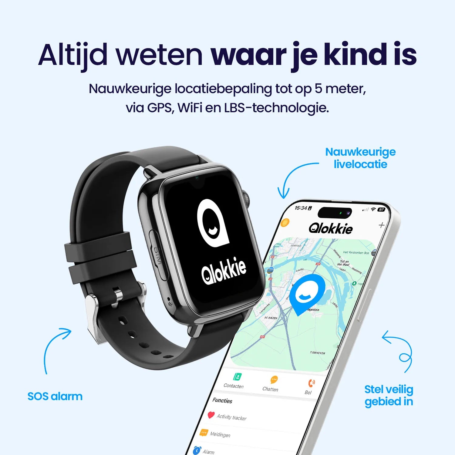 Qlokkie GPS Horloge Voor Kinderen - Kiddo Explore - Whatsapp - Zwart