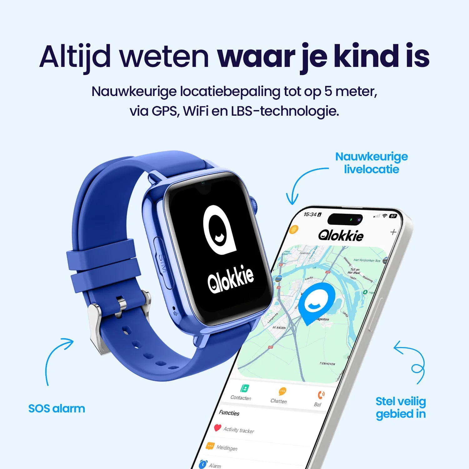 Qlokkie GPS-horloge voor kinderen – Kiddo Explore – WhatsApp – Blauw