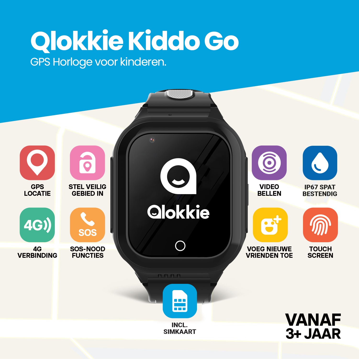 Qlokkie GPS Horloge Kind - Kiddo GO - Zwart