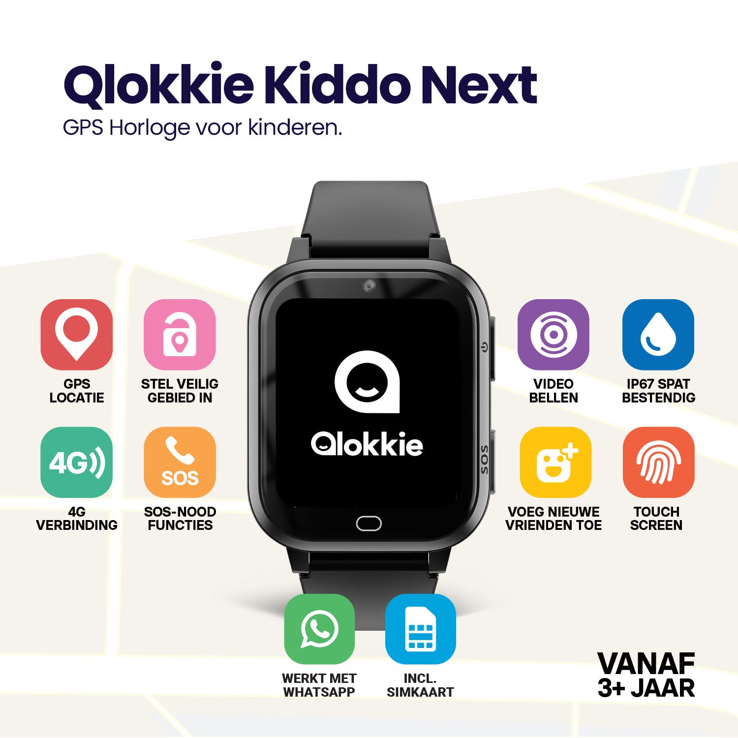 Qlokkie GPS Horloge Kind - Kiddo Next - Whatsapp - Zwart