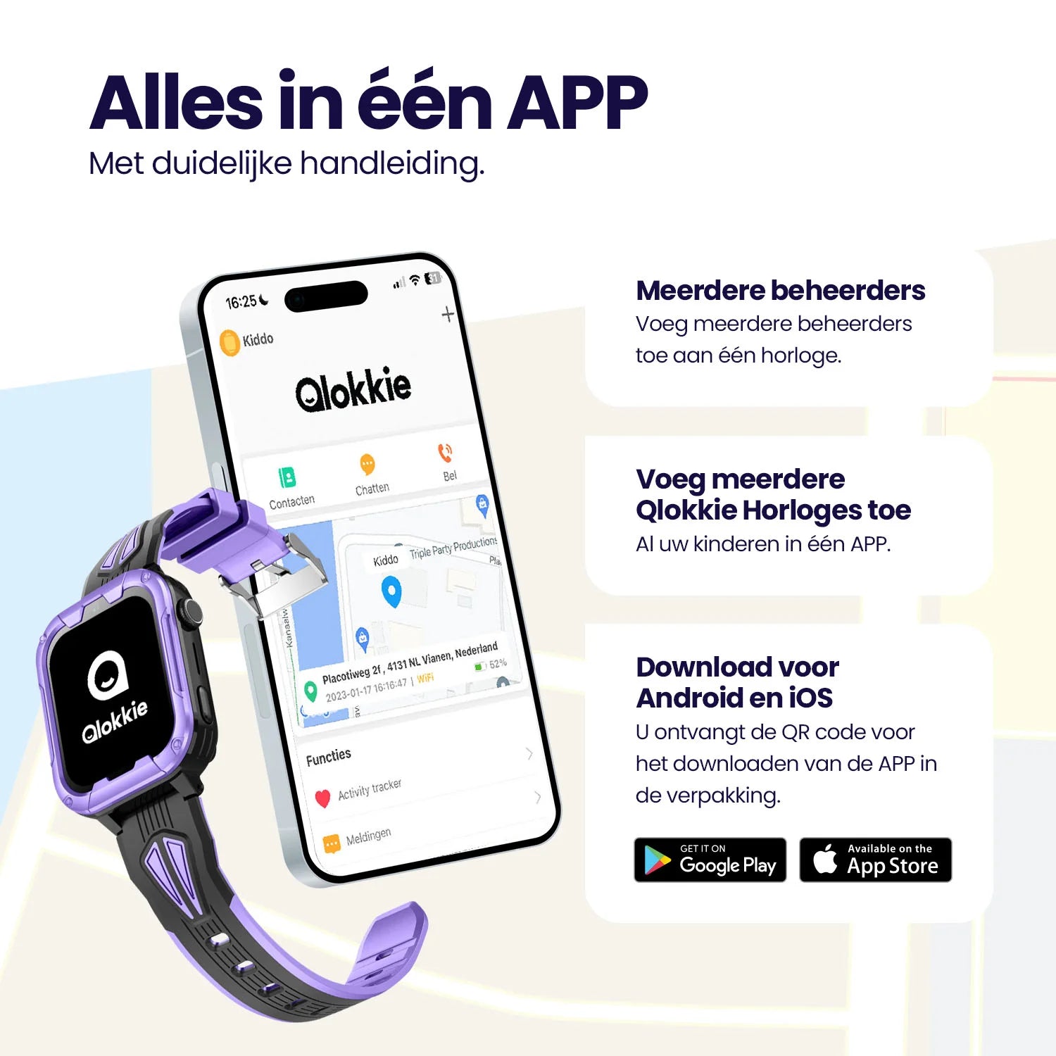 Qlokkie GPS Horloge Kind - Kiddo Play - Whatsapp - Paars