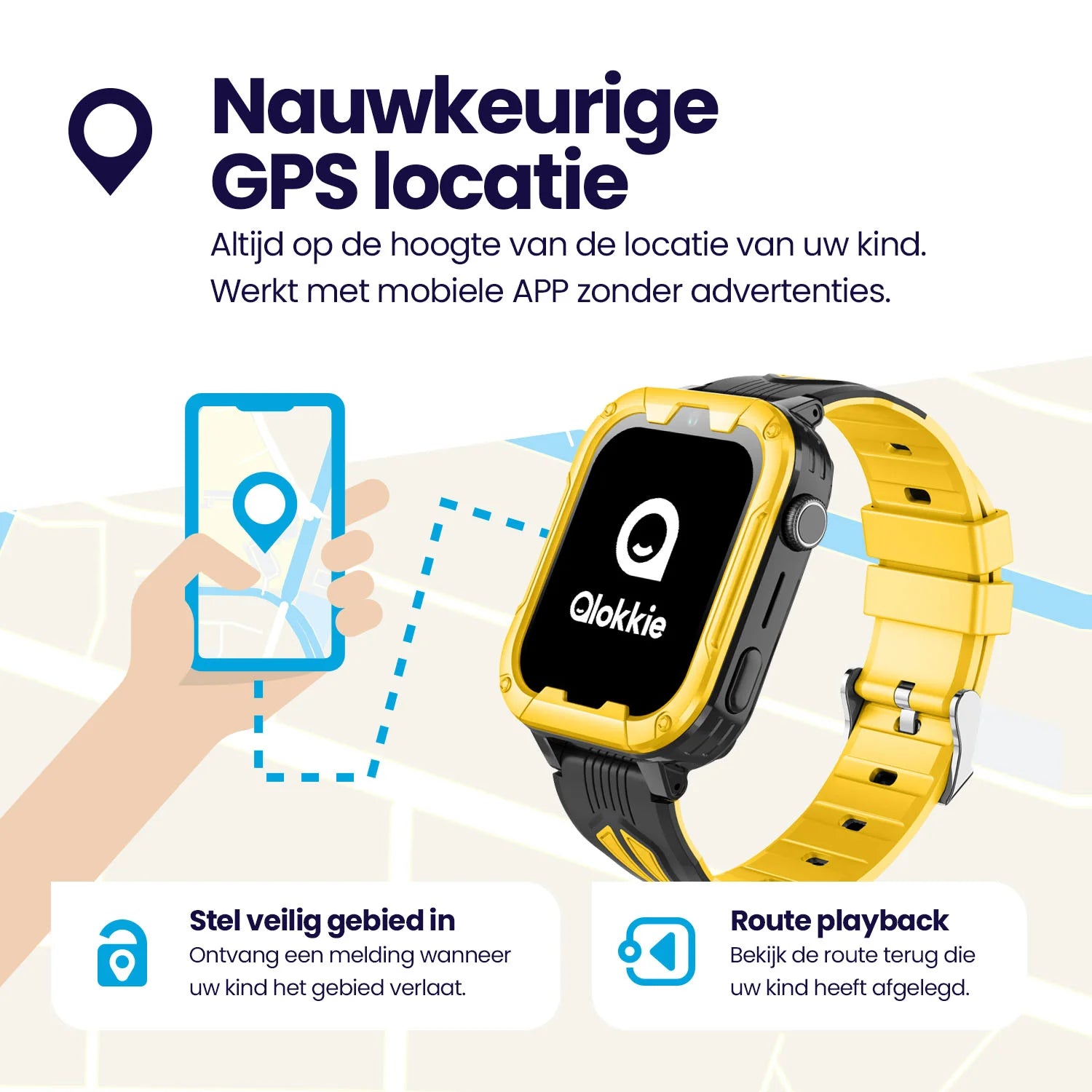 Qlokkie GPS Horloge Kind - Kiddo Play - Whatsapp - Geel