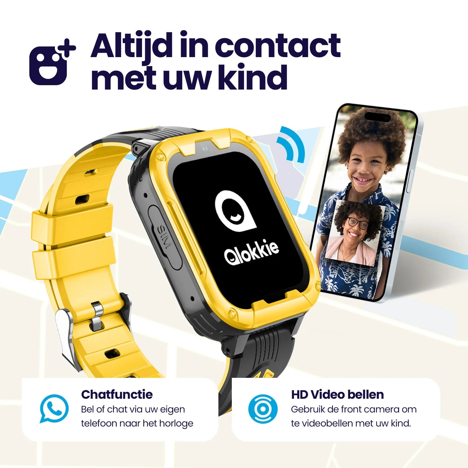 Qlokkie GPS Horloge Kind - Kiddo Play - Whatsapp - Geel