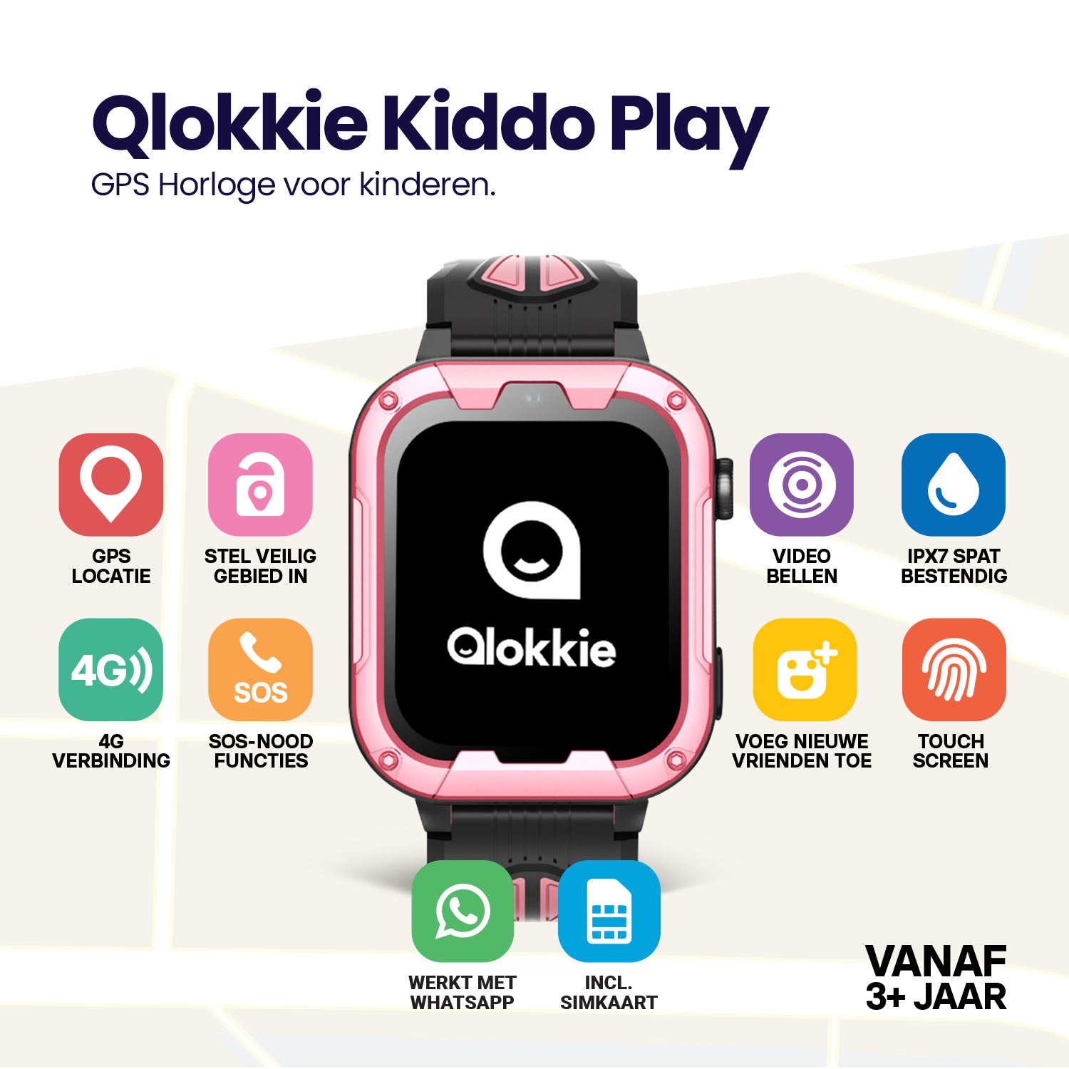 Qlokkie GPS Horloge Kind - Kiddo Play - Whatsapp - Roze