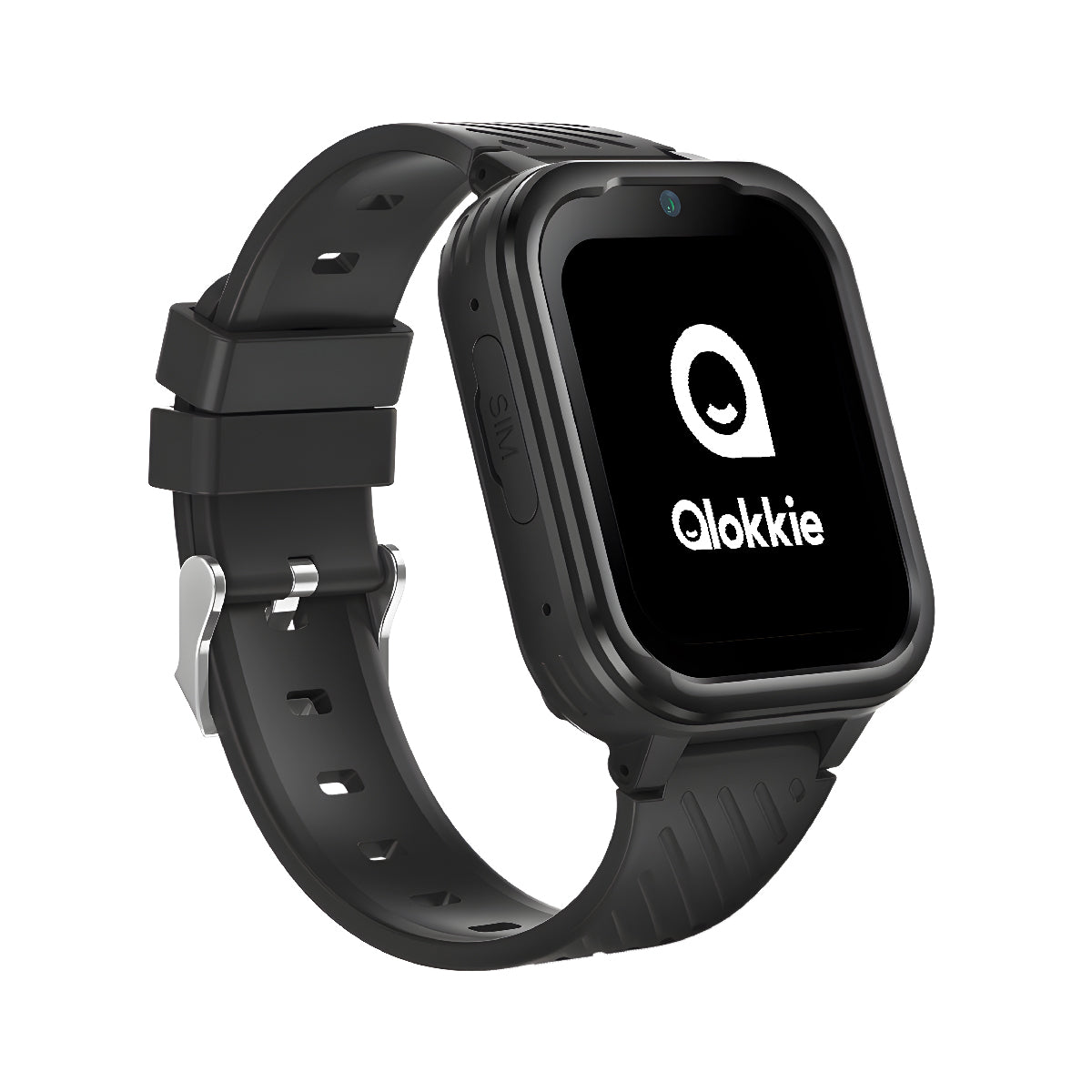 Zijaanzicht van Kiddo Pro kinderhorloge met SIM-kaartsleuf en Qlokkie-logo op het display.