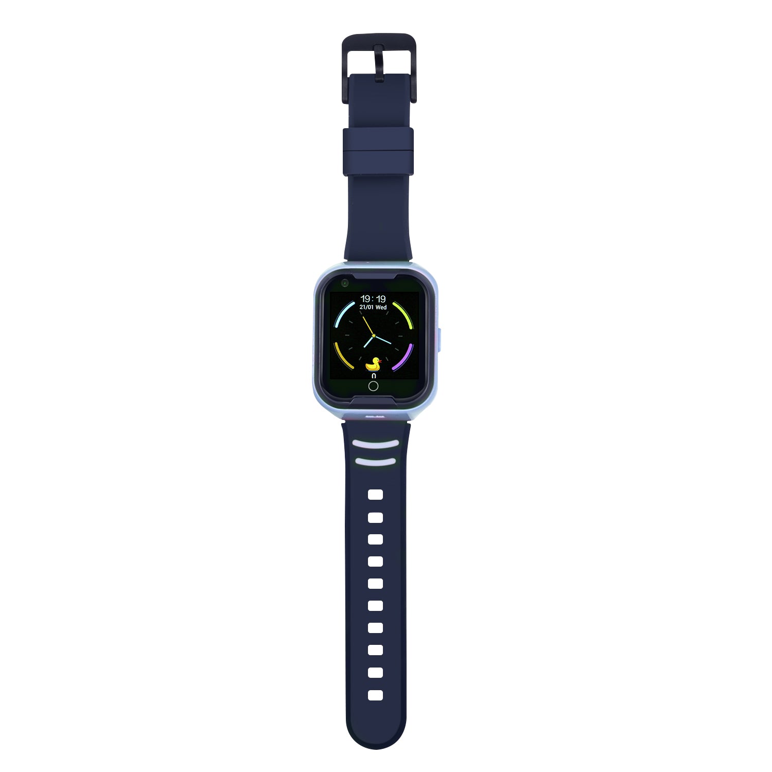 Vooraanzicht van een uitgeklapt blauwe Qlokkie Kiddo 11 horloge met display, analoge klok en open horlogeband in de lengte.