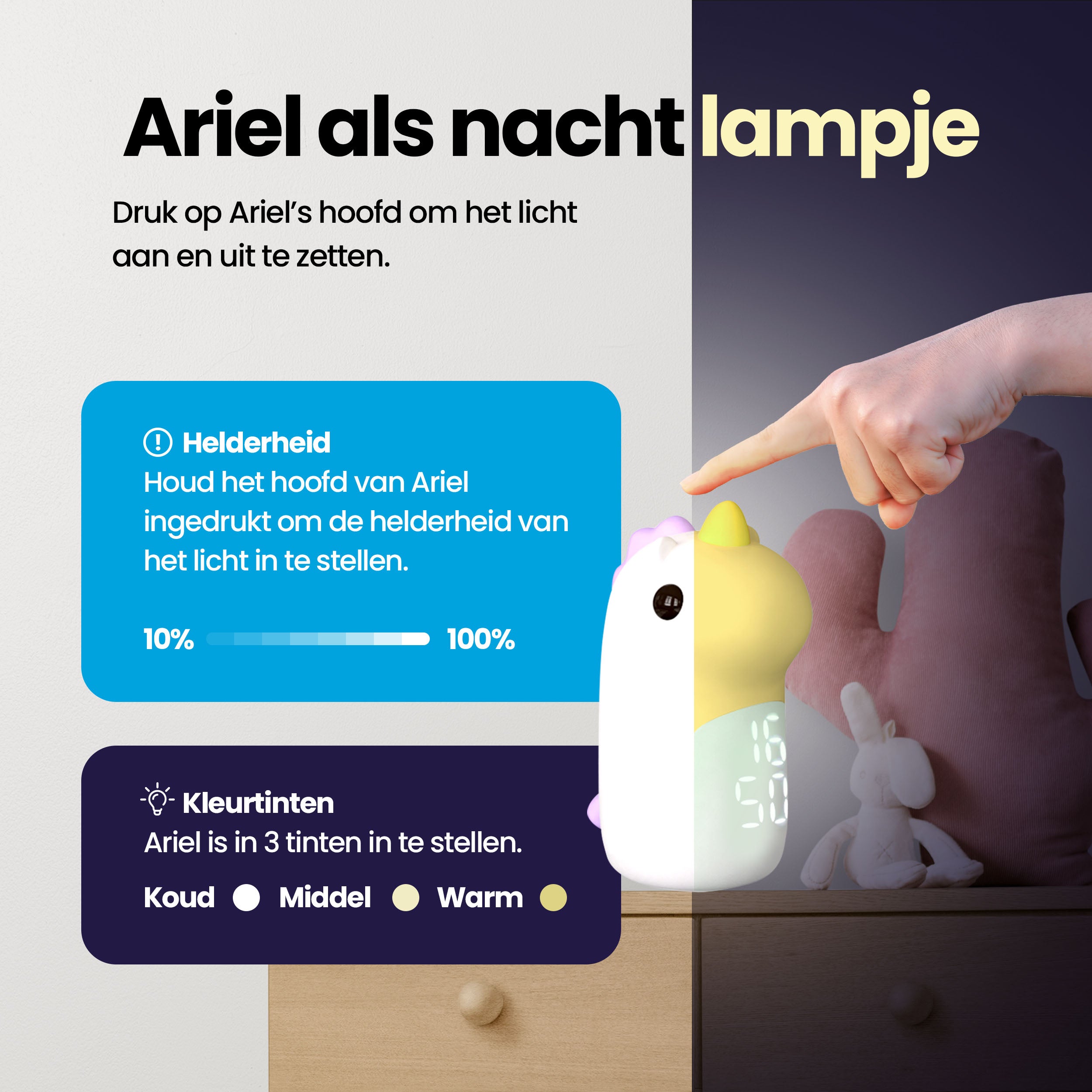 Ariel de eenhoorn - Slaaptrainer voor kinderen - Kinderwekker met Nachtlamp en Wekker - Wit