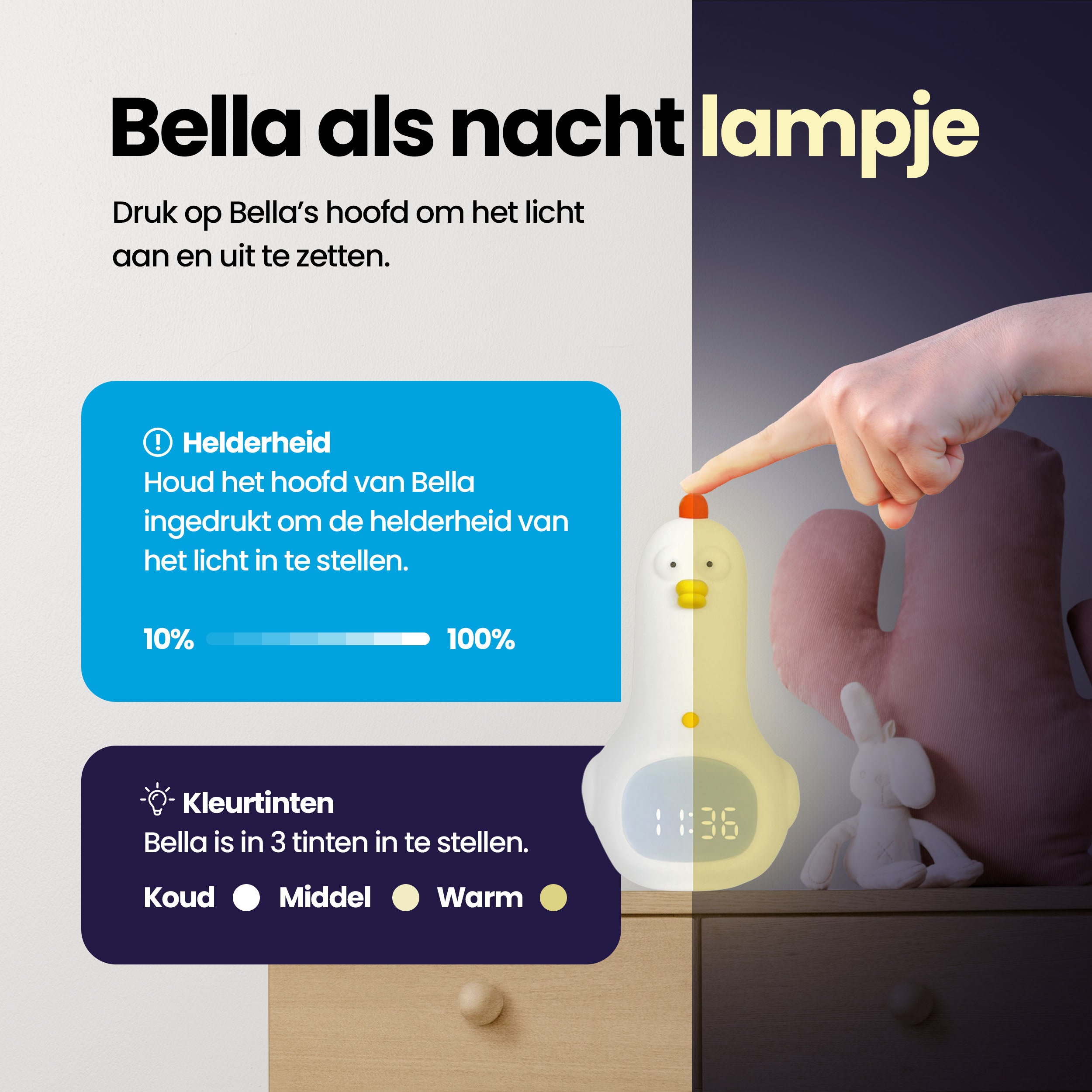 Bella de kip - Slaaptrainer voor kinderen - Kinderwekker met Nachtlamp en Wekker - Wit