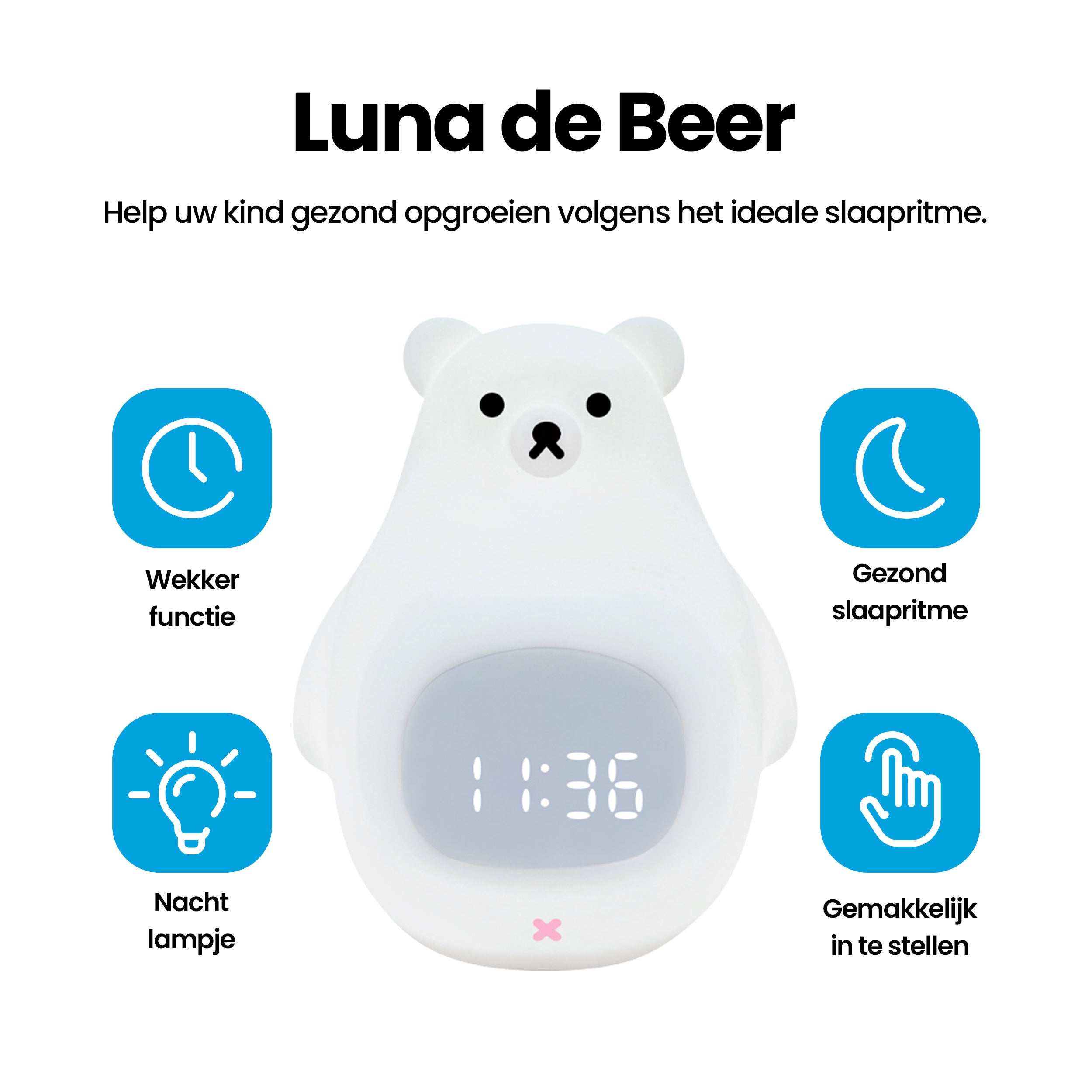 Luna de beer - Slaaptrainer voor kinderen - Kinderwekker met Nachtlamp en Wekker - Wit