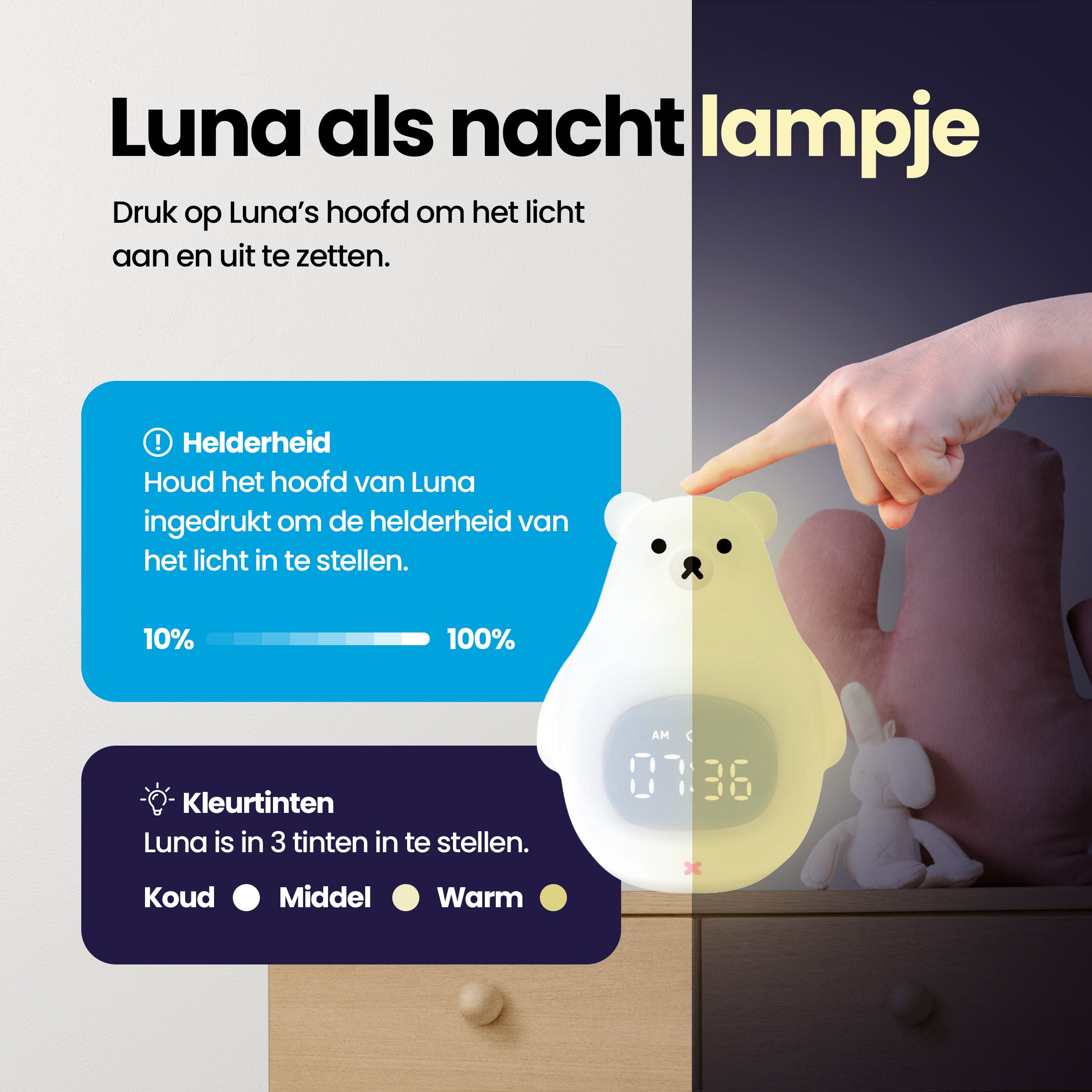 Luna de beer - Slaaptrainer voor kinderen - Kinderwekker met Nachtlamp en Wekker - Wit