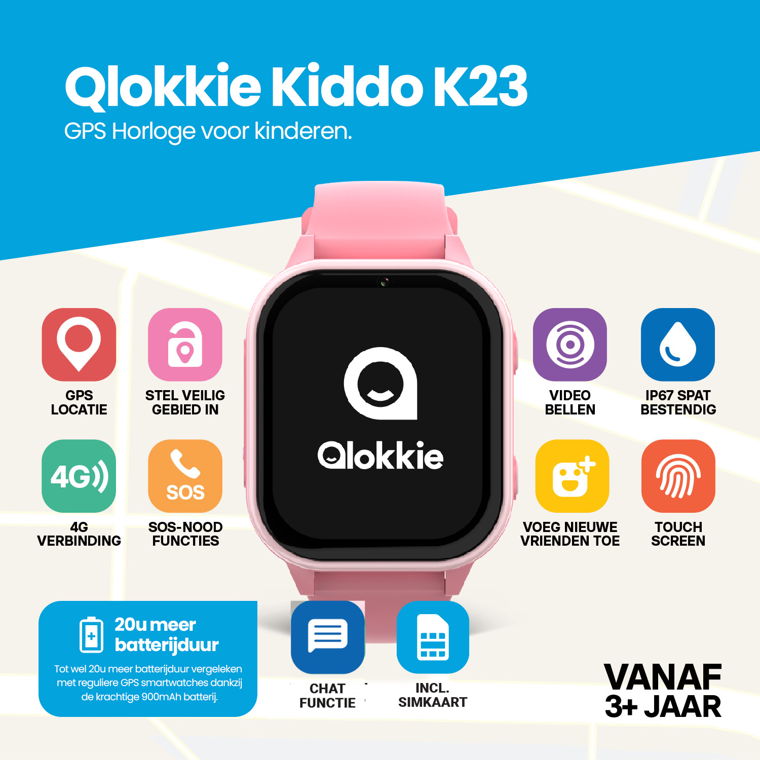 Qlokkie GPS Horloge - Kiddo 23 - Roze