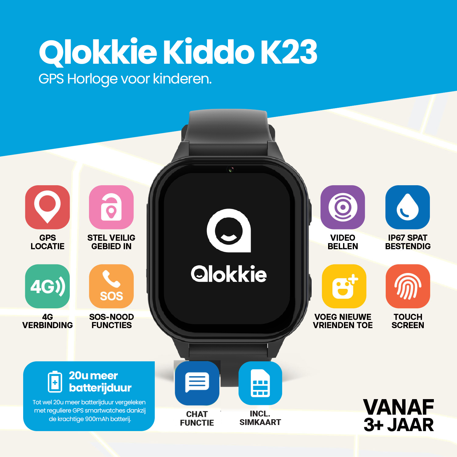 Qlokkie GPS Horloge - Kiddo 23 - Whatsapp - Zwart