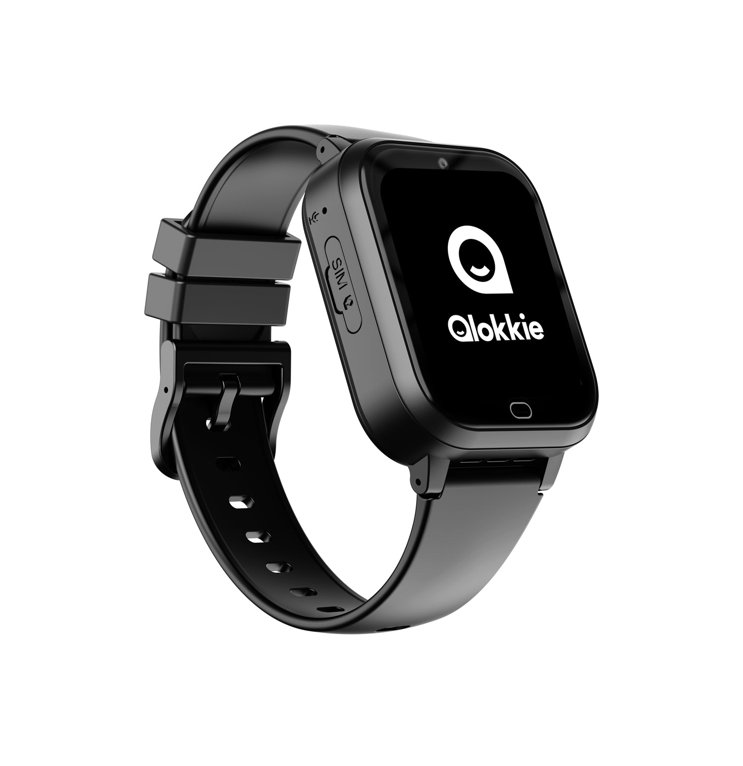 Zijaanzicht van Kiddo Next zwart GPS horloge met gesloten bandjes, microfoongat en SIM-kaartsleuf zichtbaar.