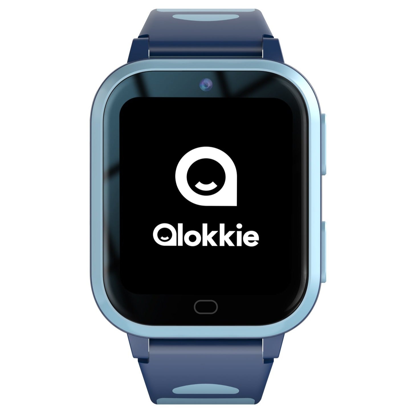 Voorzijde van Kiddo Next blauw GPS horloge voor kinderen met camera, functieknop en SOS-knop zichtbaar.