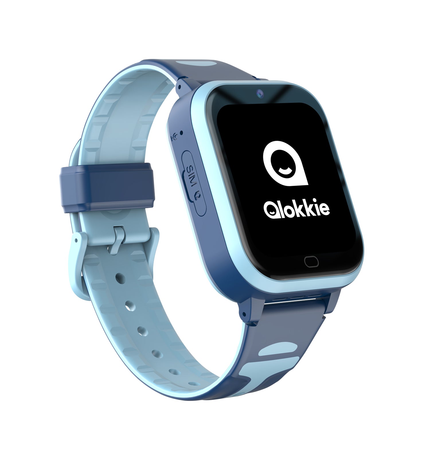 Zijaanzicht van Kiddo Next blauw GPS horloge met gesloten bandjes, microfoon gat en SIM-kaartsleuf zichtbaar.
