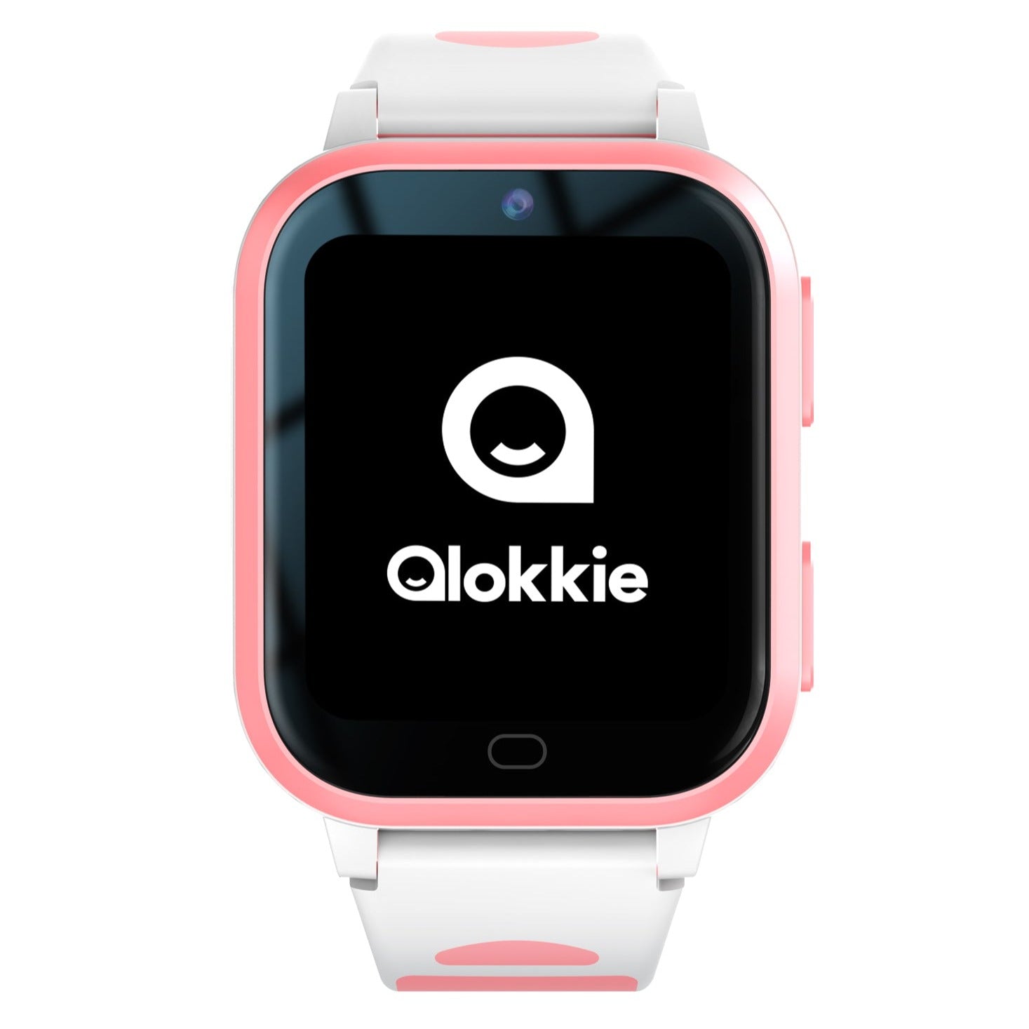 Voorzijde van Kiddo Next roze met wit GPS horloge voor kinderen met camera, functieknop en SOS-knop zichtbaar.