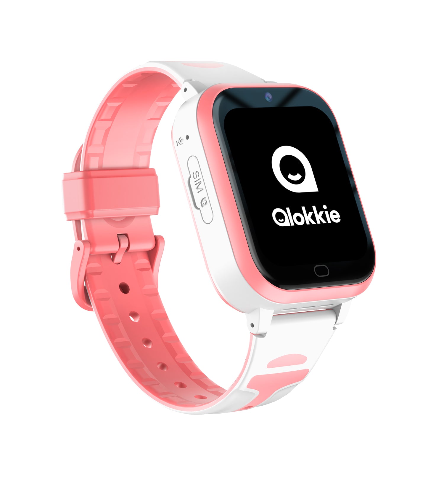 Zijaanzicht van Kiddo Next roze wit GPS horloge met gesloten bandjes, microfoon en SIM-kaartsleuf zichtbaar.