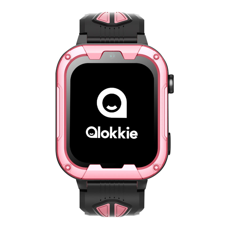 Vooraanzicht van het Roze Kiddo Play GPS horloge kinderen, gesloten alsof het om een pols zit. Logo en camera zichtbaar op het display.