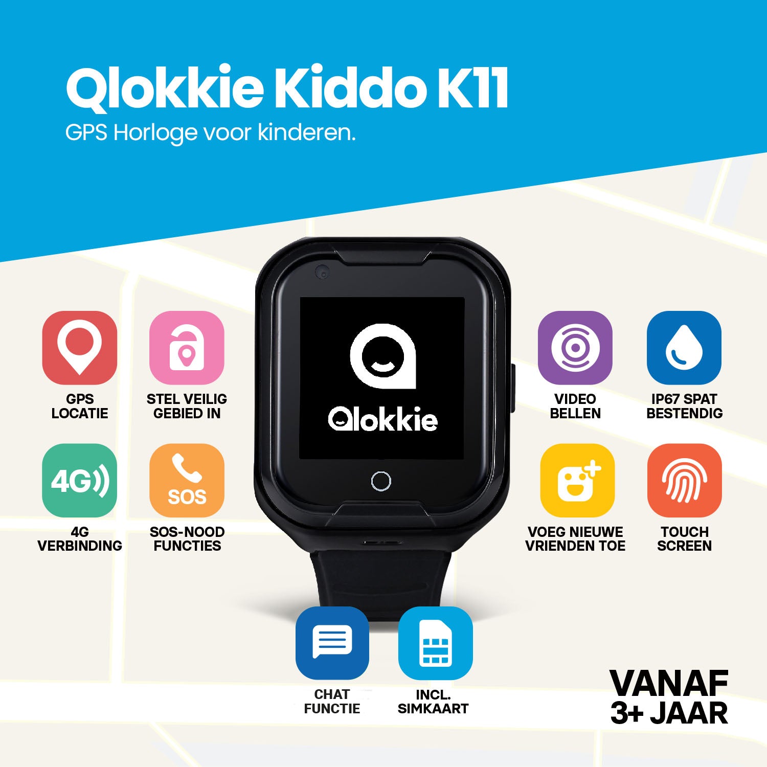 Qlokkie GPS Horloge - Kiddo 11 - Zwart