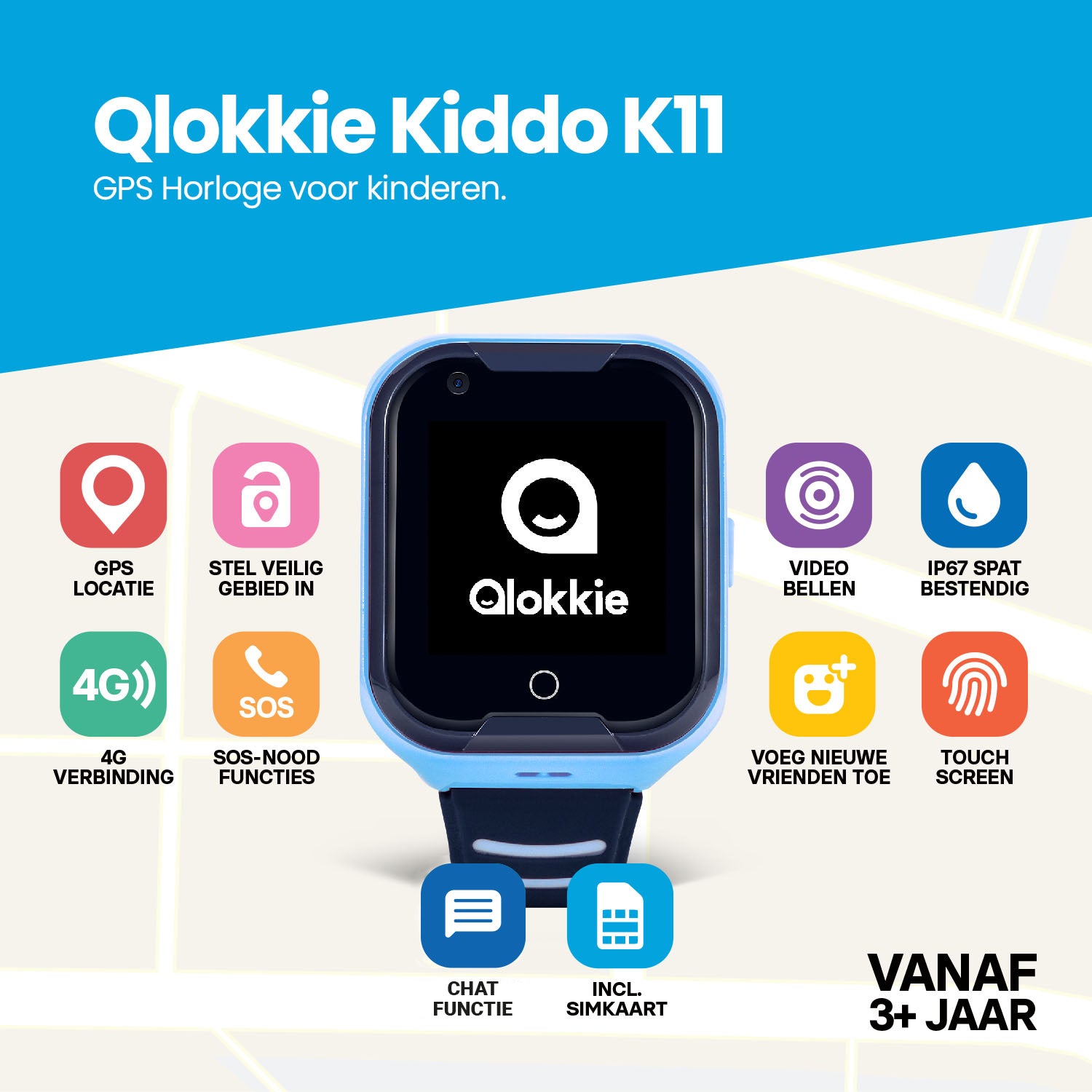 Qlokkie GPS Horloge Kind - Kiddo 11 - Blauw