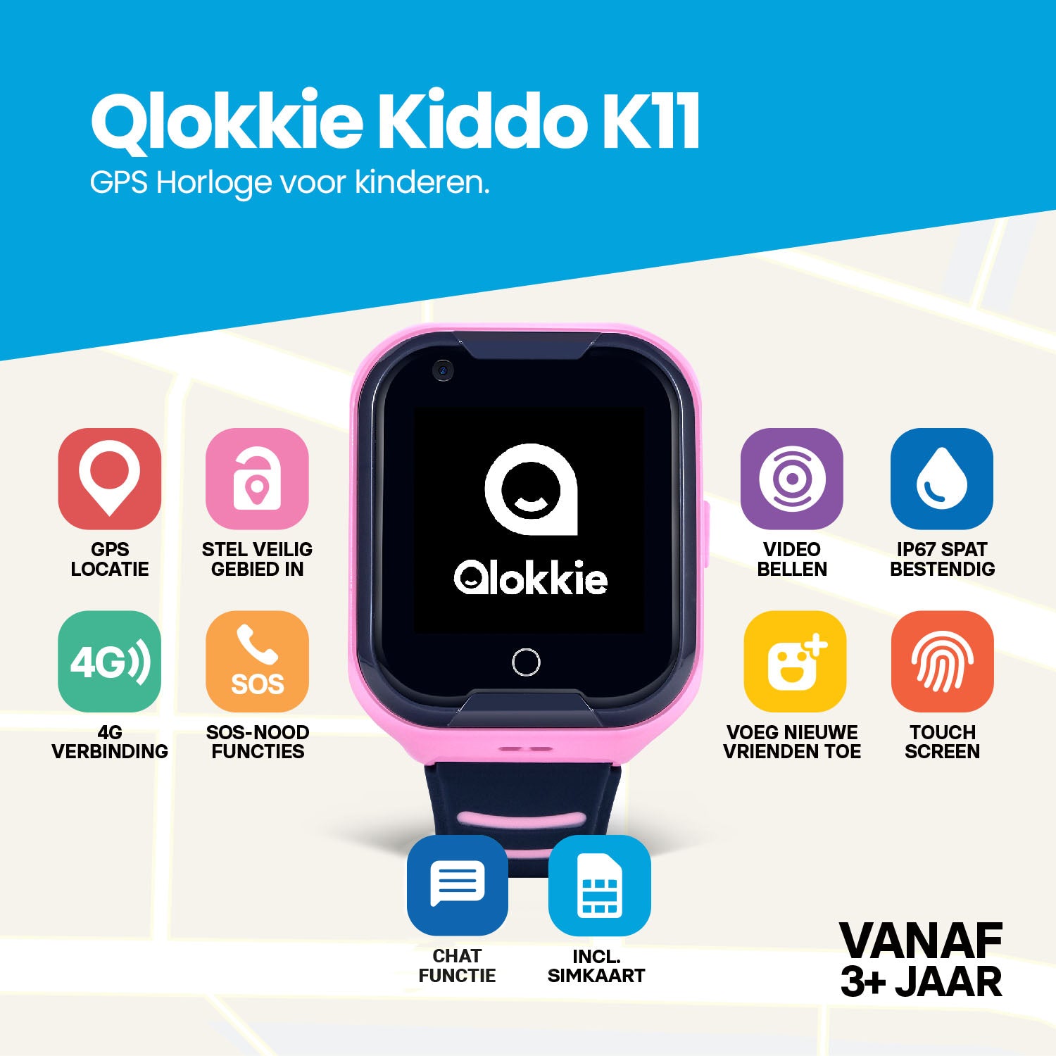 Qlokkie GPS Horloge Kind - Kiddo 11 - Roze