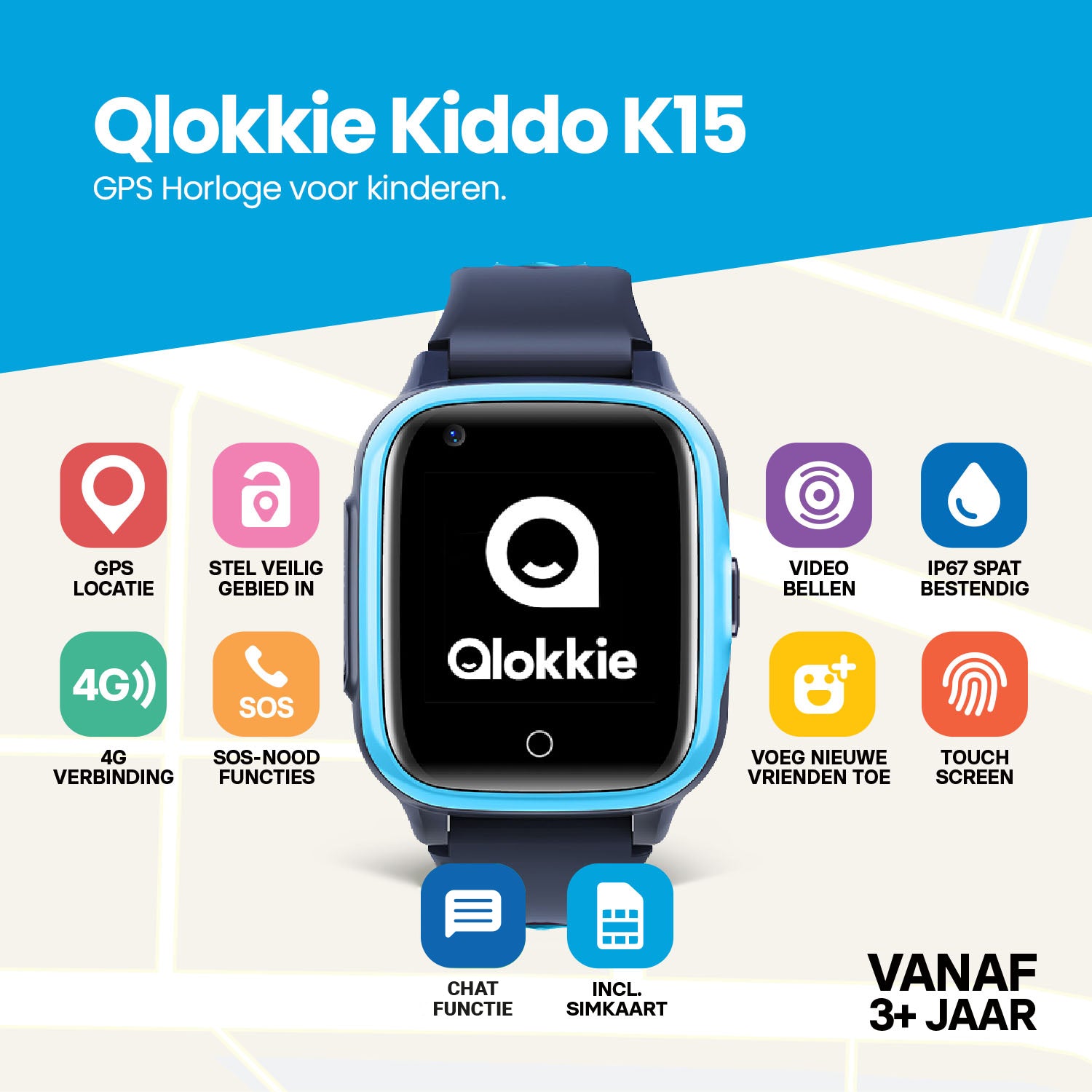 Qlokkie GPS Horloge - Kiddo 15 - Blauw