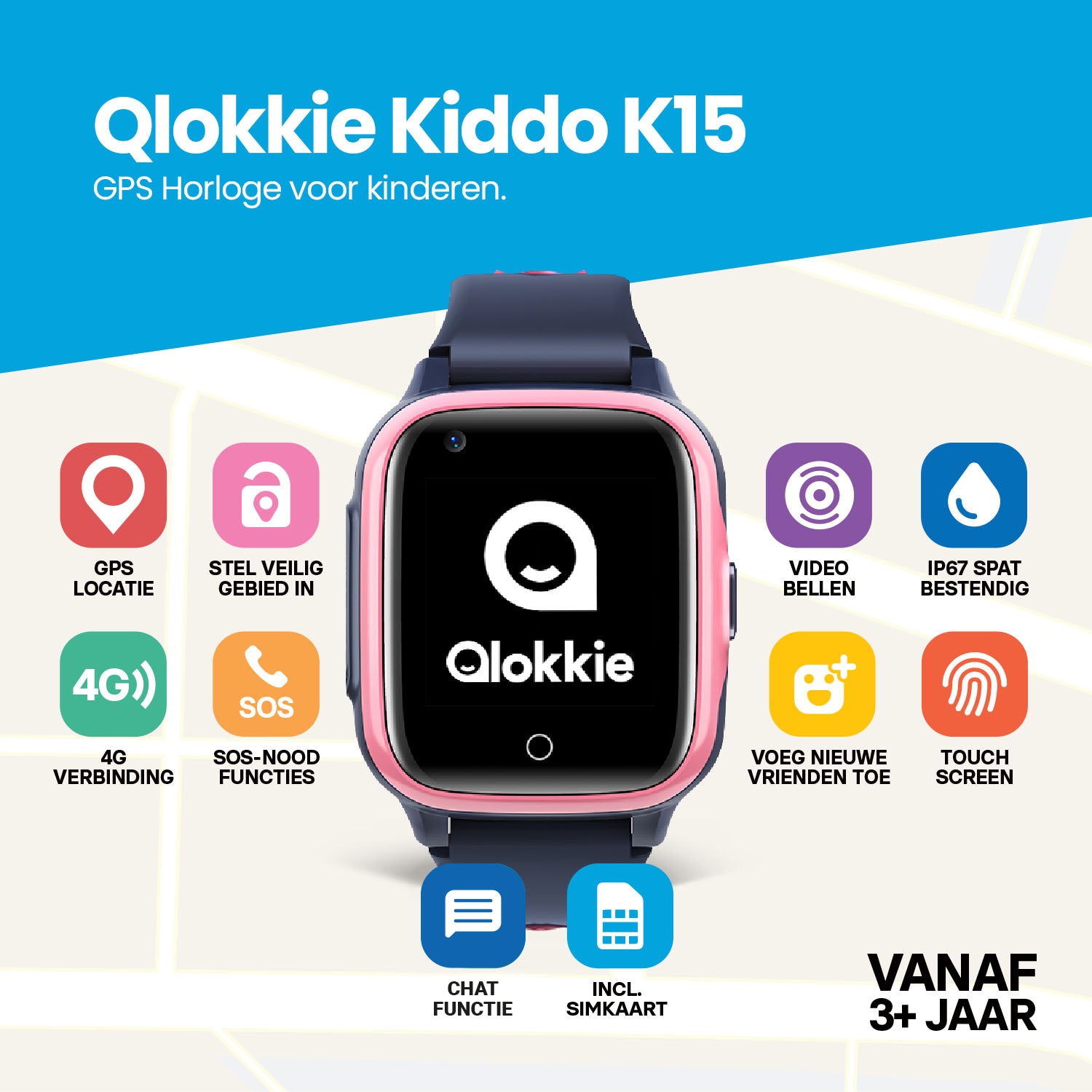 Qlokkie GPS Horloge - Kiddo 15 - Roze
