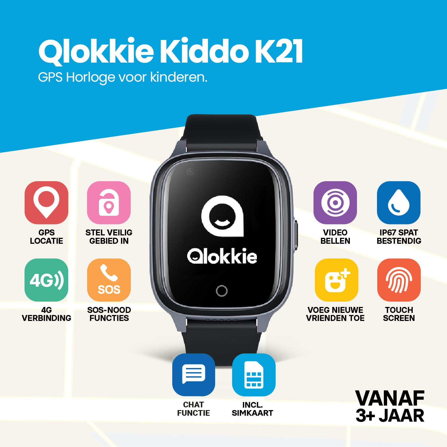 Qlokkie GPS Horloge Kind - Kiddo 21 - Zwart