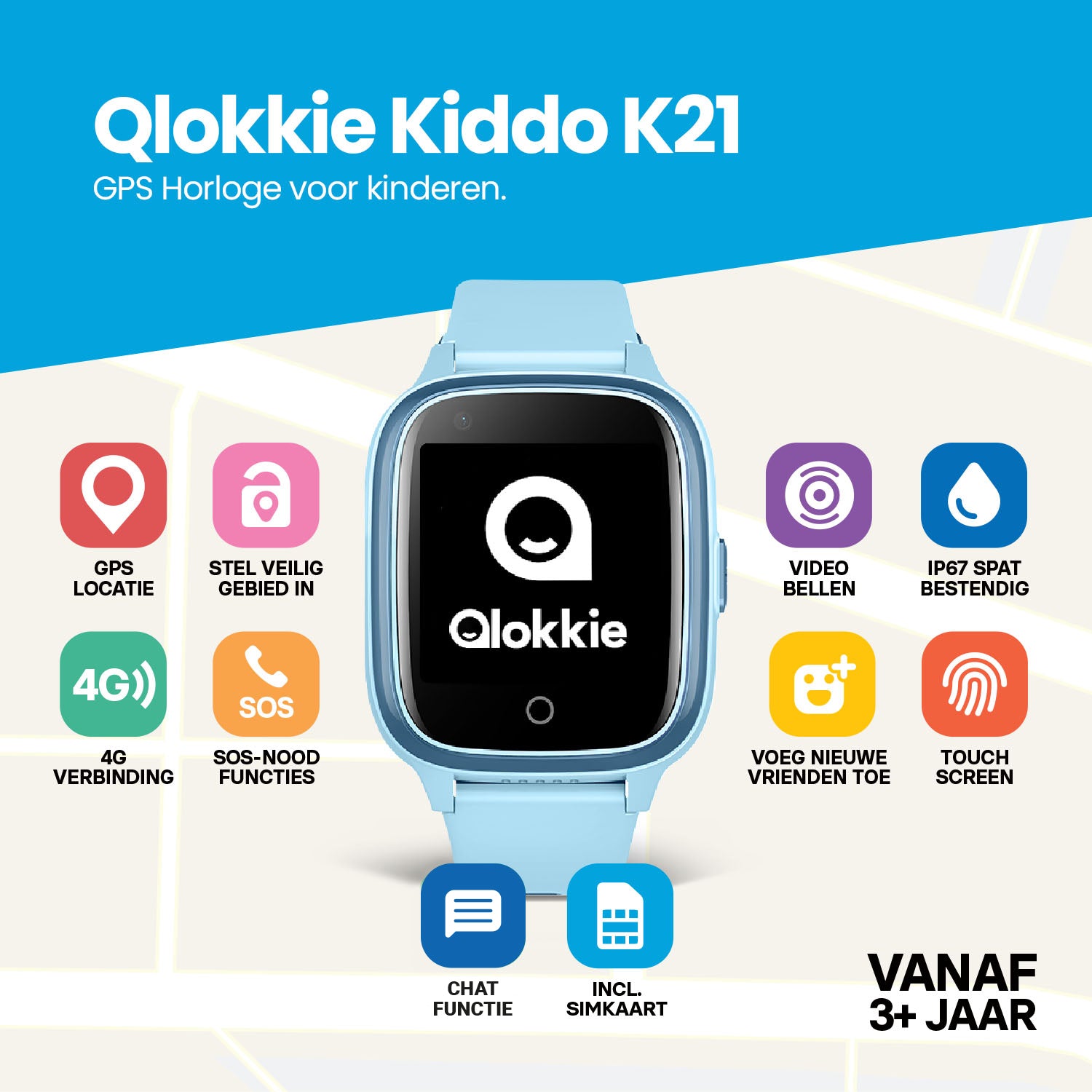 Qlokkie GPS Horloge Kind - Kiddo 21 - Blauw