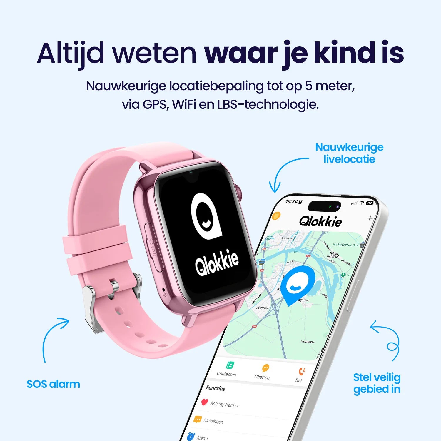 Qlokkie GPS Horloge voor Kinderen - Kiddo Explore - Whatsapp - Roze
