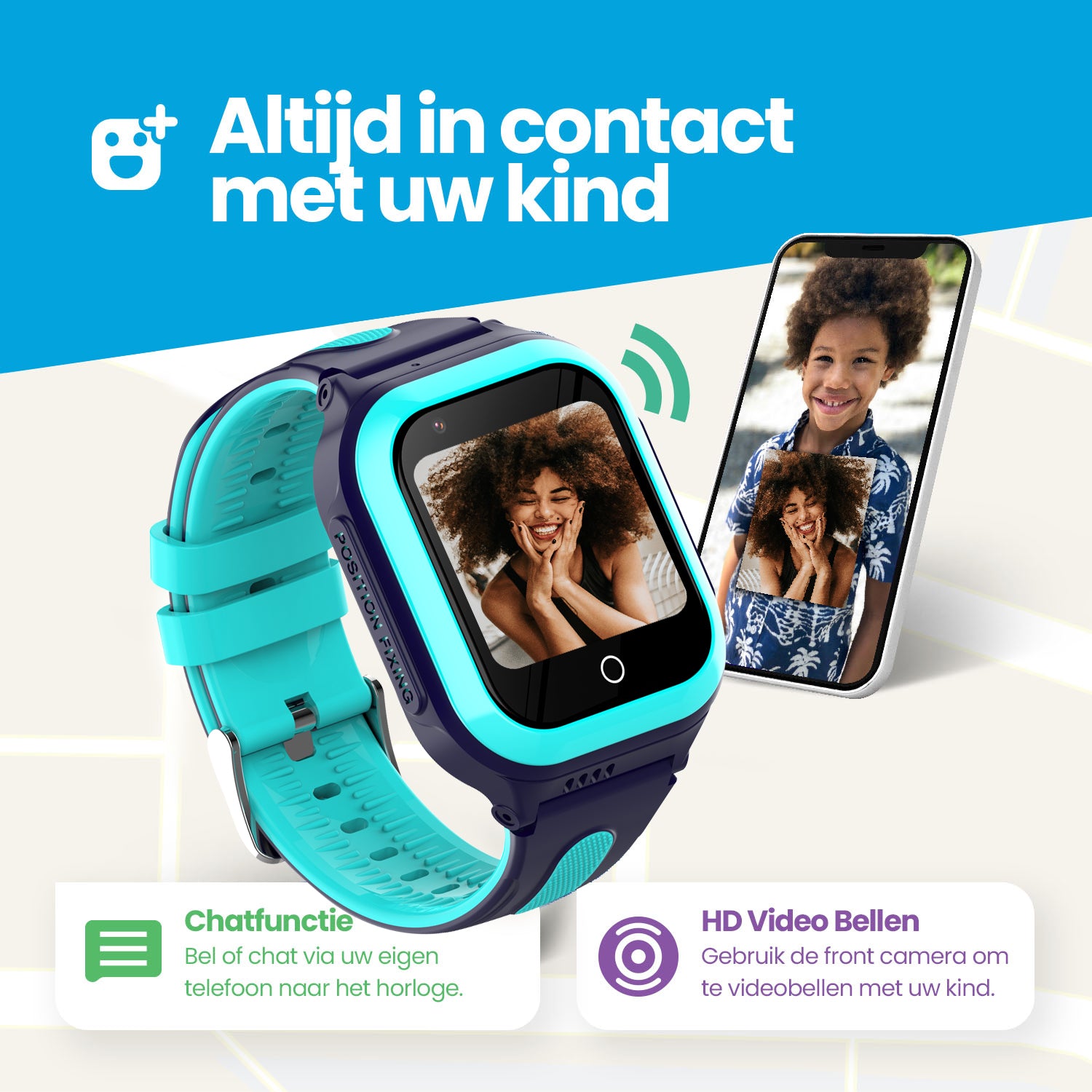 Qlokkie GPS Horloge Kind - Kiddo GO - Blauw