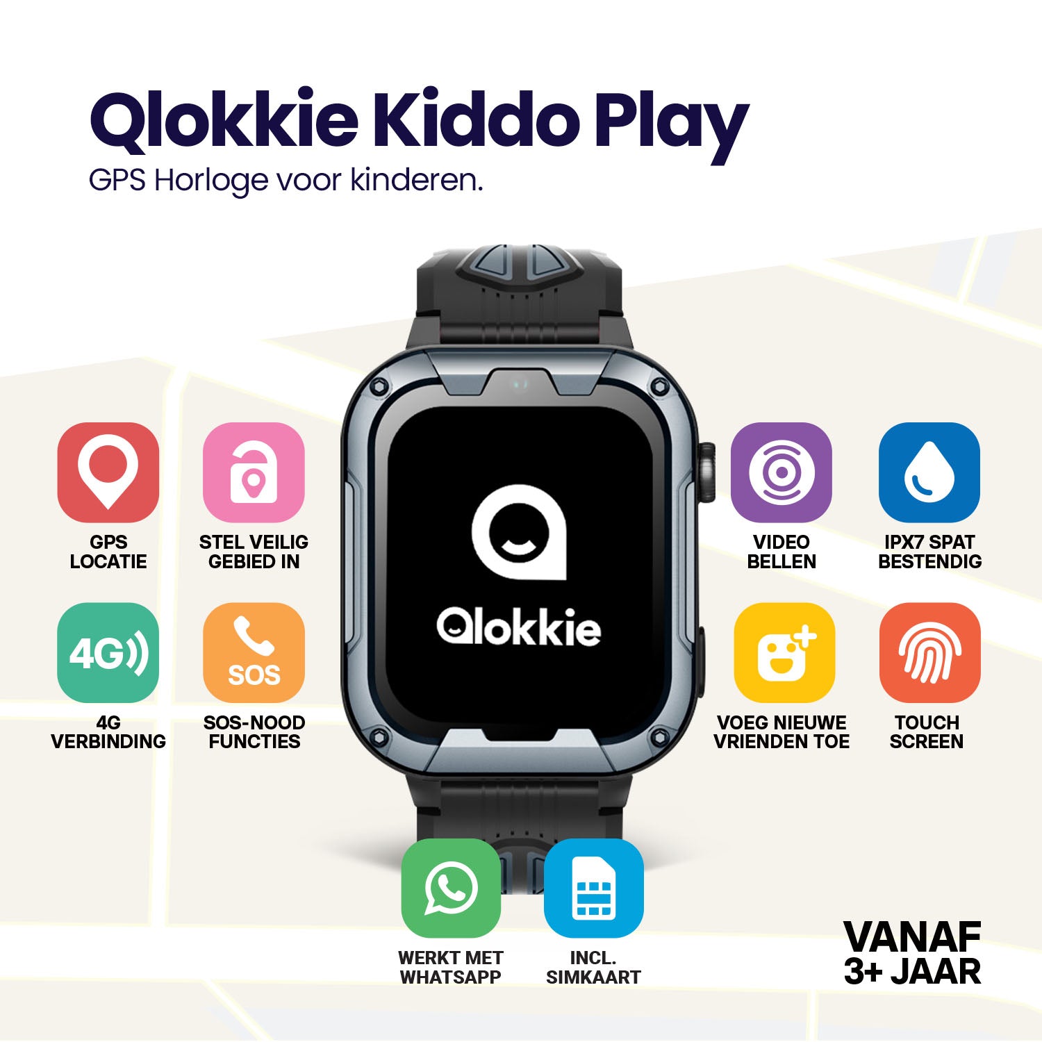 Qlokkie GPS Horloge Kind - Kiddo Play - Whatsapp - Zwart