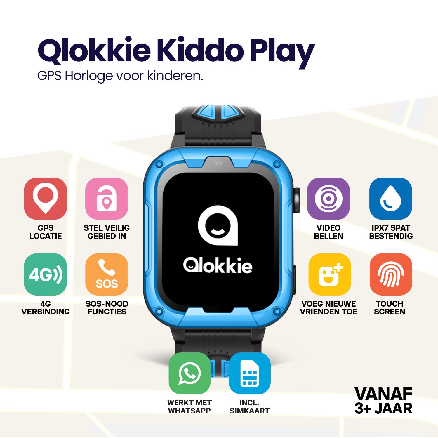 Qlokkie GPS Horloge - Kiddo Play - Whatsapp - Blauw