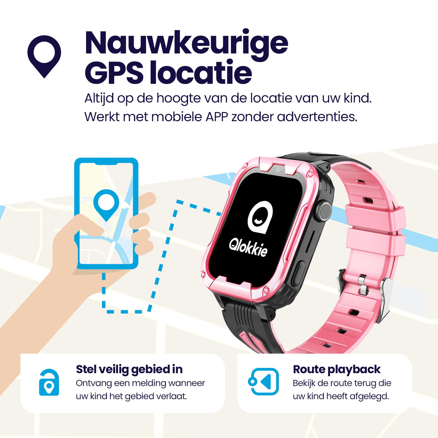 Qlokkie GPS Horloge Kind - Kiddo Play - Whatsapp - Zwart