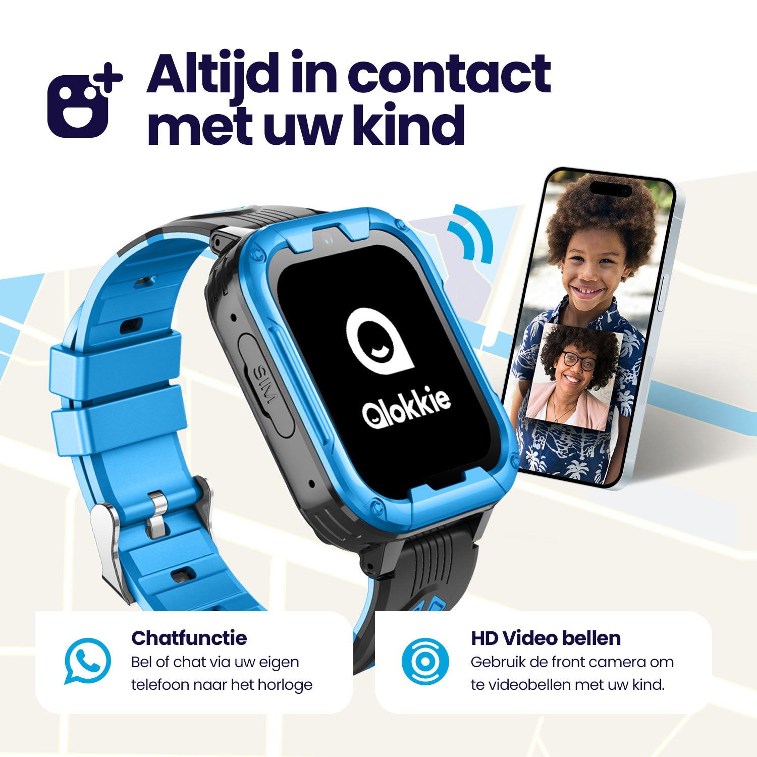 Qlokkie GPS Horloge Kind - Kiddo Play - Whatsapp - Zwart