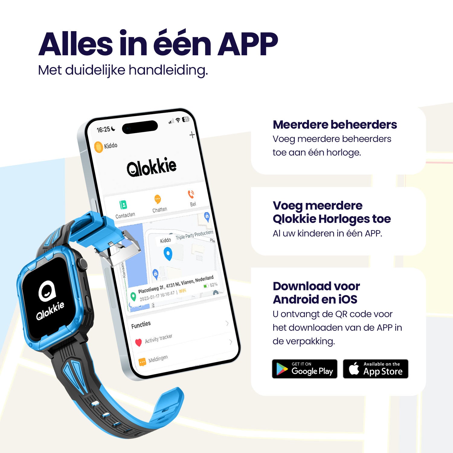 Qlokkie GPS Horloge Kind - Kiddo Play - Whatsapp - Zwart
