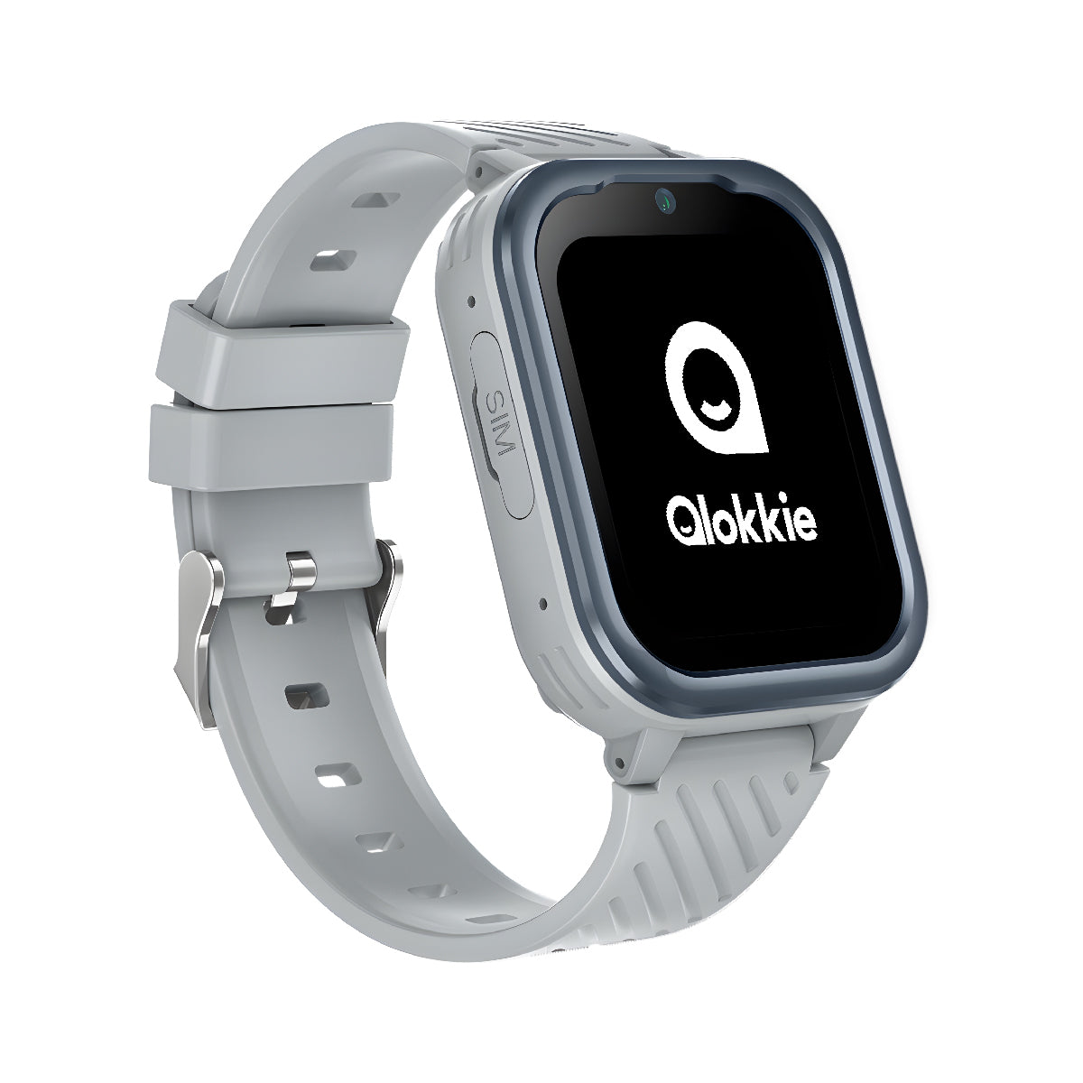 Zijaanzicht van Kiddo Pro grijs kinderhorloge met SIM-kaartsleuf en Qlokkie-logo op het display.